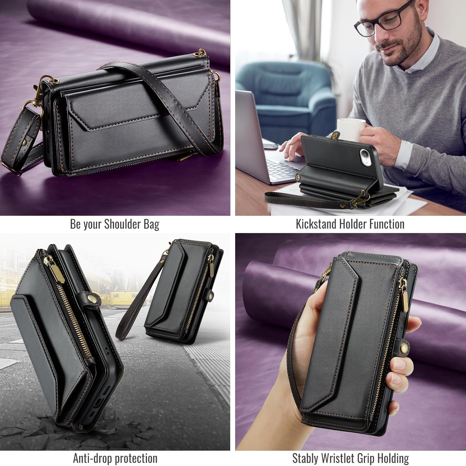 Phone Case for iPhone 16e/SE 2025/SE 4 Zipper Wallet Cover with Tempered Glass Screen Protector and Flip RFID Blocking Card Holder Cell i Phone16e i16e 16 e SE4 4th Generation 16eCase Women Men Black