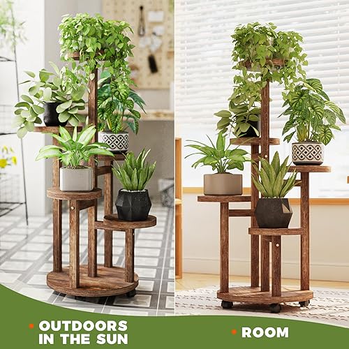 Miniatura 7 de Bamworld Soporte alto para plantas de 5 niveles para interiores, estante esquinero de madera con ruedas para múltiples plantas, soporte de flores