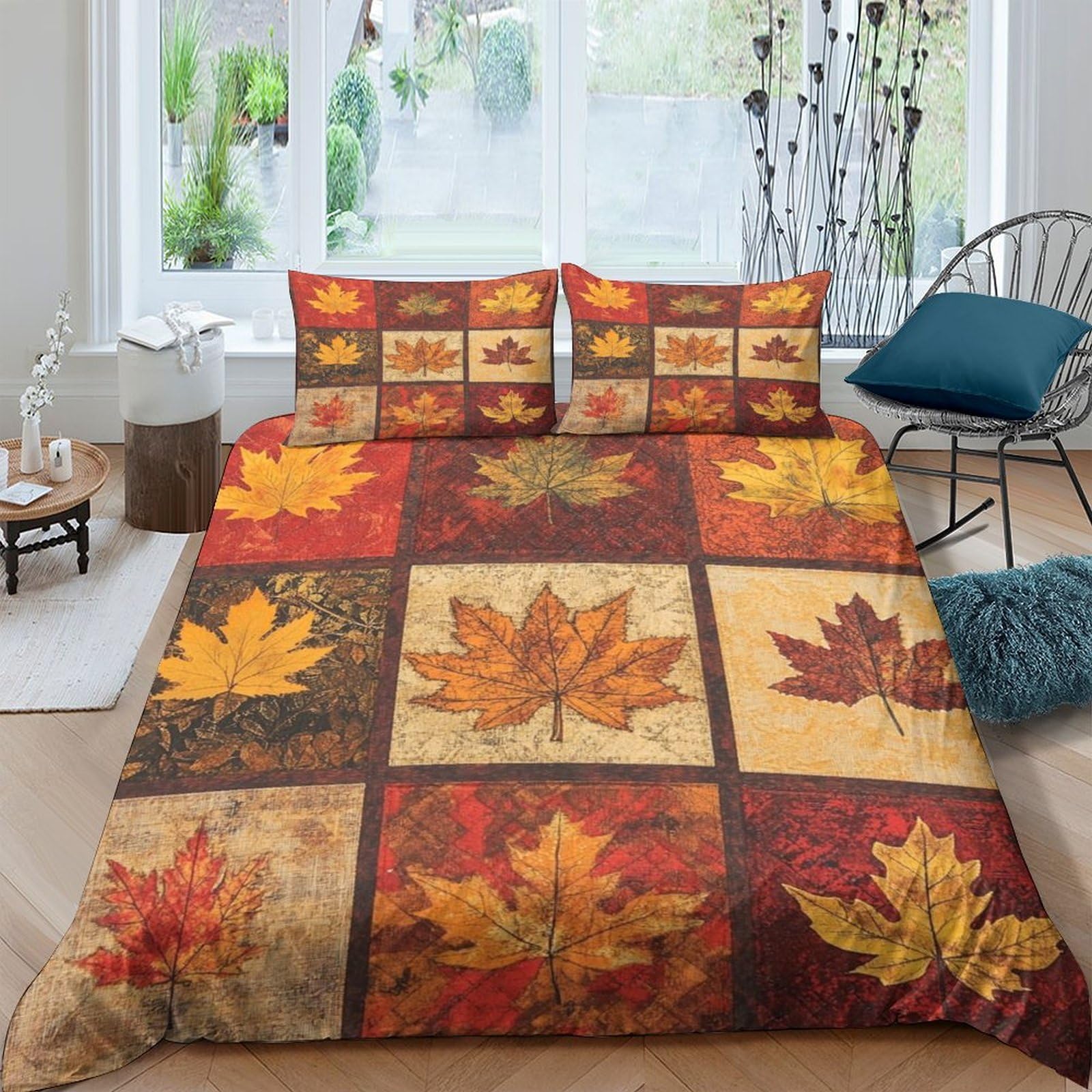 GPLZQXKJNH 3D Printed Autumn Maple Leaves Duvet Cover Set Microfiber Soft Breathable Fall Forest Quilt Cover for Bedroom Decor with 2 Pillowcases Single（135x200cm）