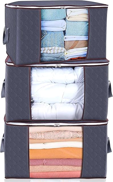 GVTECH Clothes Storage Bag Organizer, [3 Pack] Large Capacity Reinforced Handle Thick Fabric for Comforters, Blankets, Bedding, Duvet, Foldable & Sturdy Zipper, Clear Window, Under Bed Storage (Grey)