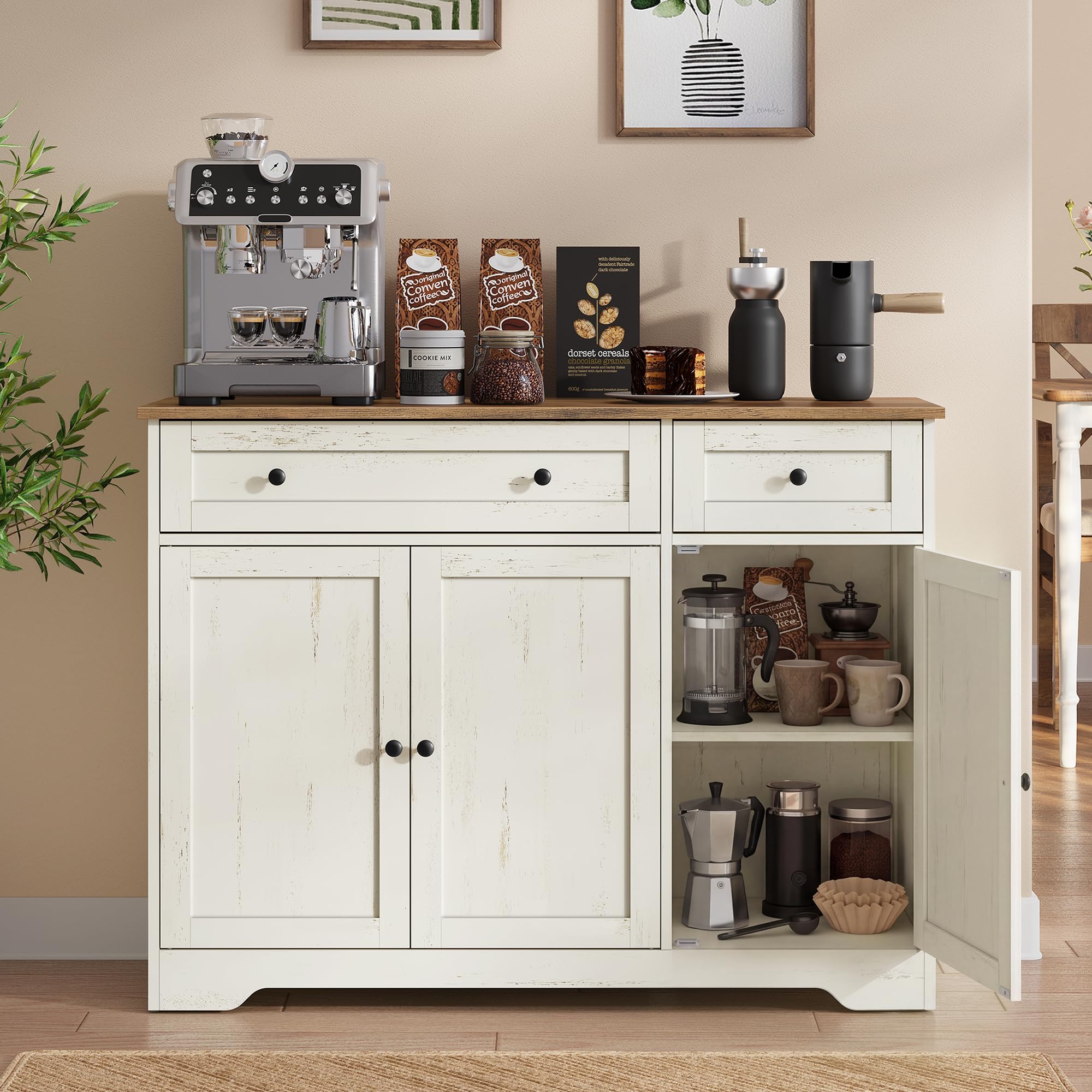 VASAGLE Siren Kollektion - Aufbewahrungsschrank, Küchenschrank im Landhausstil, Sideboard, 2 Schubladen, verstellbare Ablagen, 3 Türen, Kaffeebar, 40 x 106,8 x 80 cm, vintageweiß LSC531WJ01