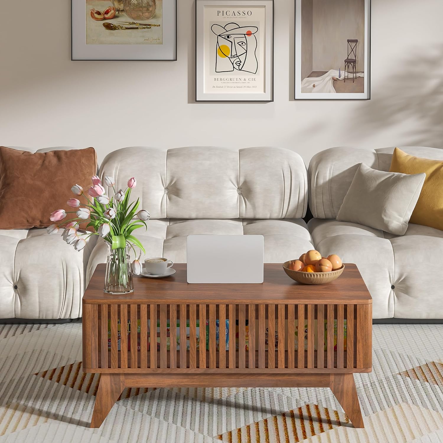 Lift Top Coffee Table with Hidden Compartment, Mid Century Modern Coffee Table for Living Room, Fluted Design Farmhouse Center Table with Storage (Walnut, 35.4" W)