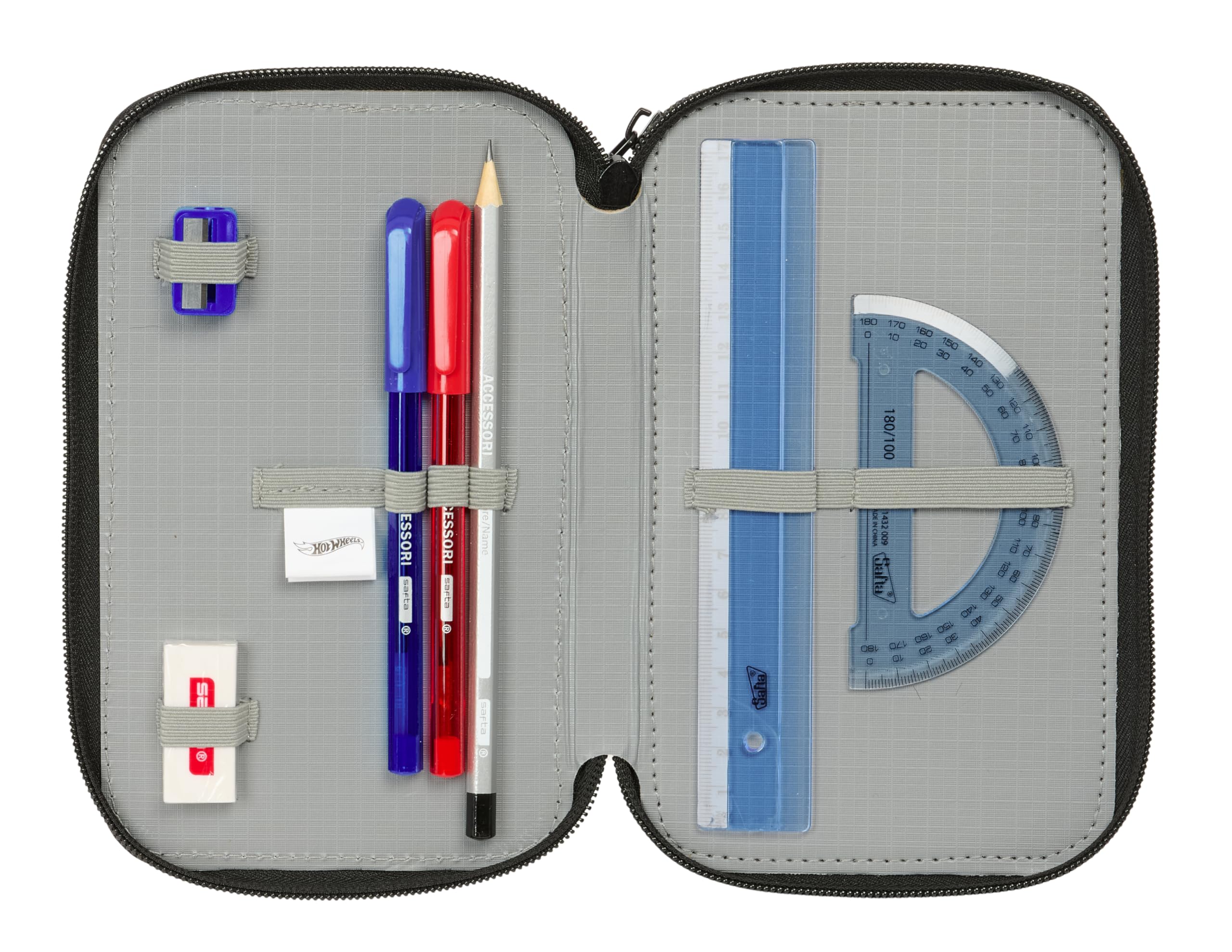 safta HOT WHEELS - Astuccio scuola con 37 utili inclusi, astuccio per bambini, ideale per bambini dai 5 ai 14 anni, comodo e versatile, qualità e resistenza, 12,5 x 5,5 x 19,5 cm, multicolore, M