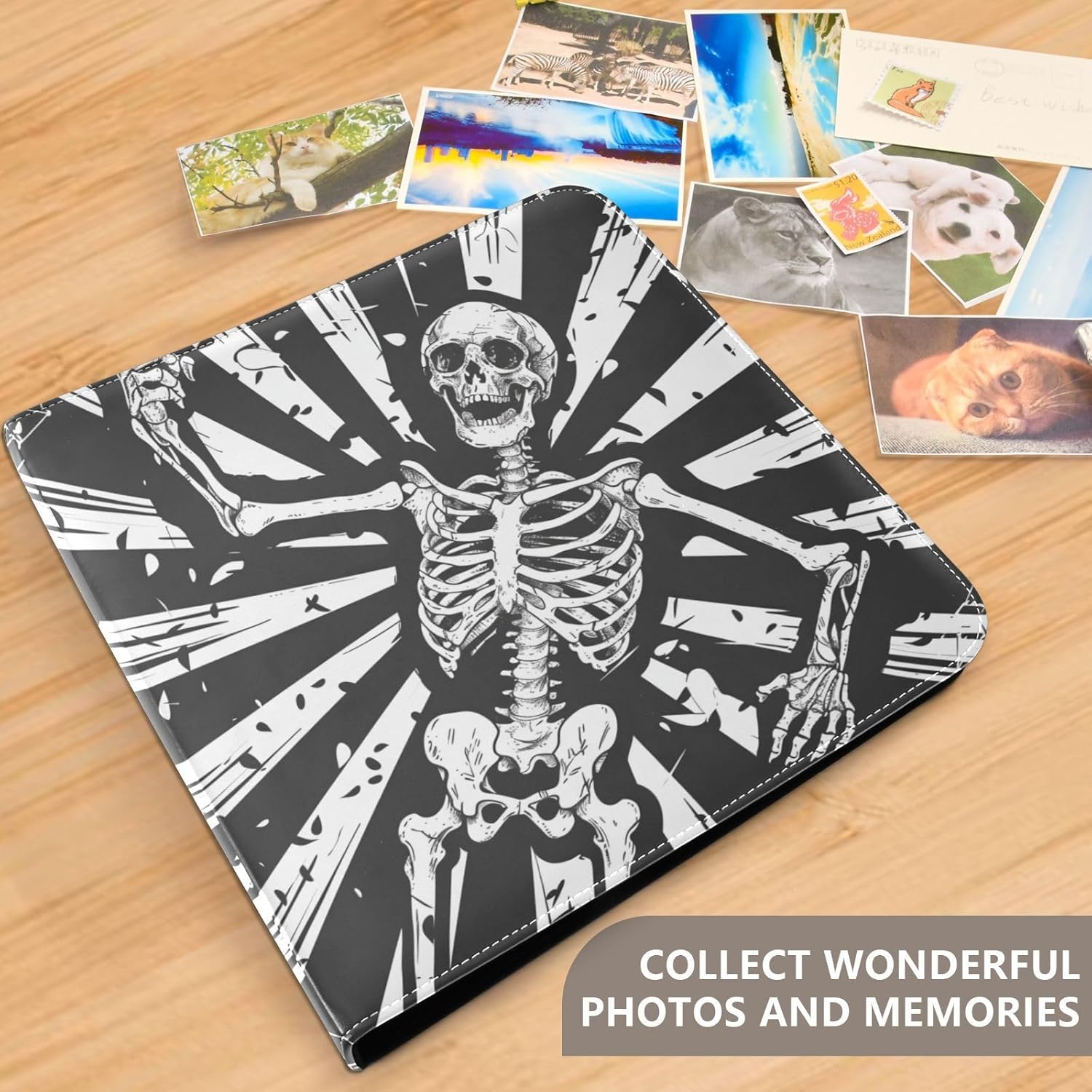 JIPONI A Skeleton Strikes Large Photo Album, DIY Leather Cover Scrapbook Albums for 4x6 5x7 6x8 Pictures, Self Adhesive Memory Book for Wedding, Baby, Family