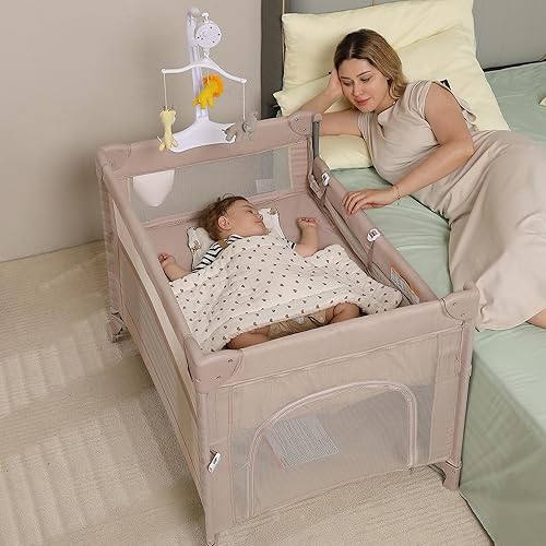 Miniatura 8 de Corral 5 en 1 Pack and Play, Moisés Portátil de Viaje para Bebé, Corral de Juegos Plegable de Viaje para Niños Pequeños, Cuna Lateral, Mesa Oro