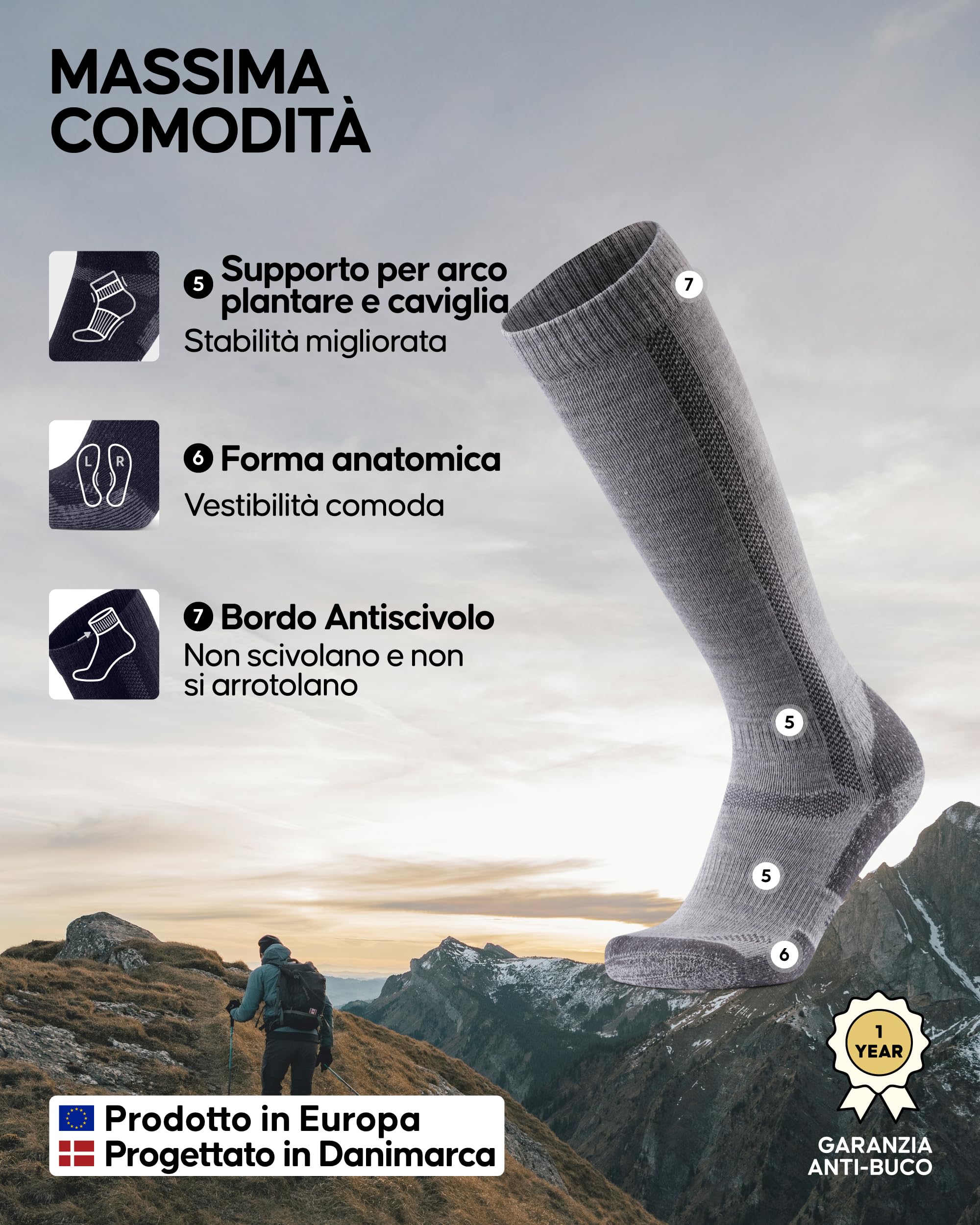 DANISH ENDURANCE Calze Lunghe Trekking in Lana Merino, Calzettoni Anti Vesciche, da Uomo e Donna, 1 o 3 Paia