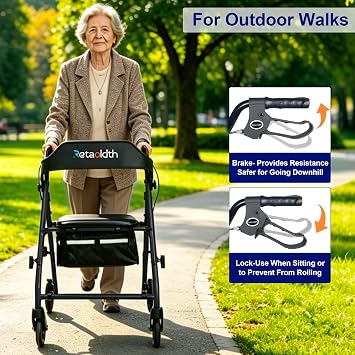 Foldable Rollator Walker with Seat for Seniors, Easy Folding & One-Hand Carry, Walkers for Seniors All-Terrain Wheels, Height Adjustable Lightweight Rolling Walker for Elderly, Black