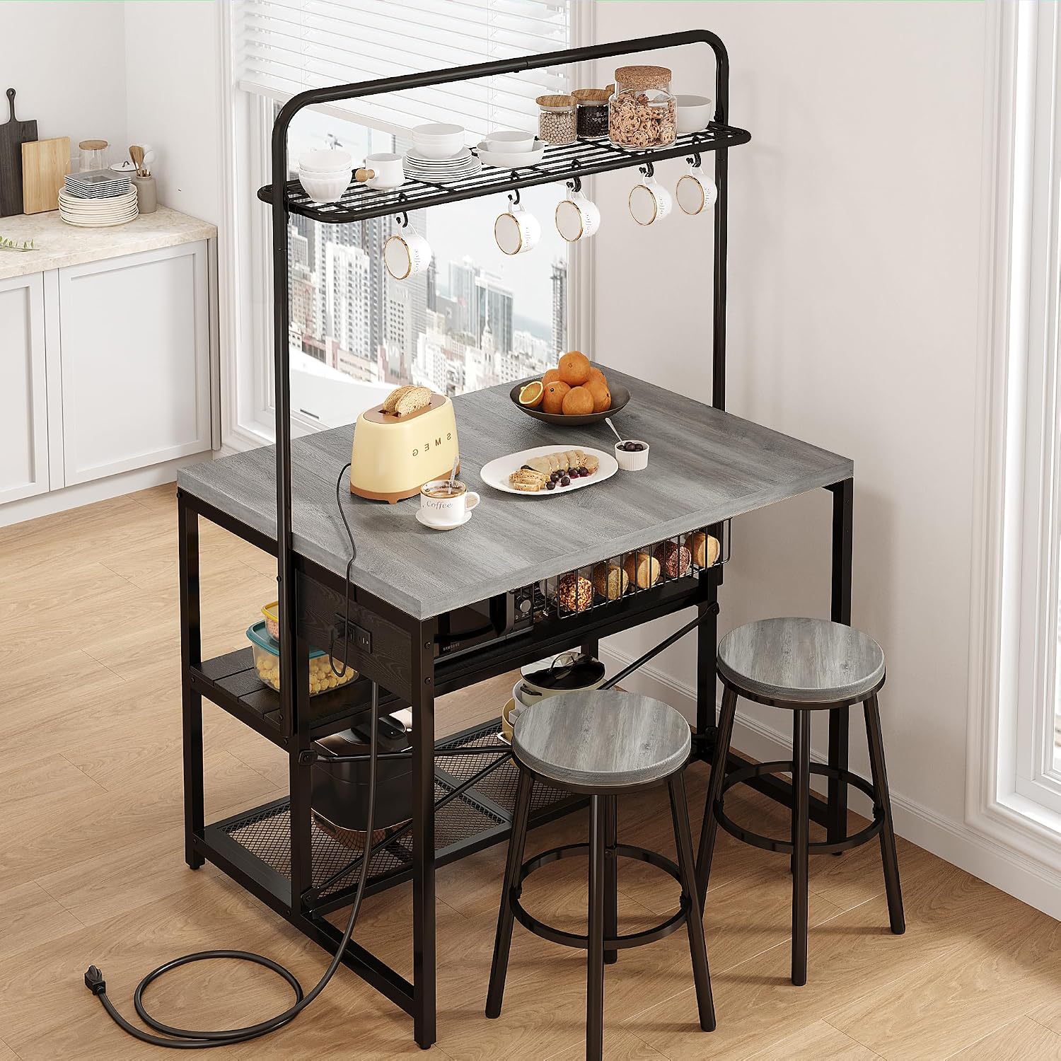 Jocoevol Large Kitchen Island Table Baker Rack with Storage and 3-Tier Storage-Microwave Stand Oven Shelf, Metal Coffee Bar Table,Kitchen Shelf for Dining Living Room, 5 Hooks,Vintage (Grey)