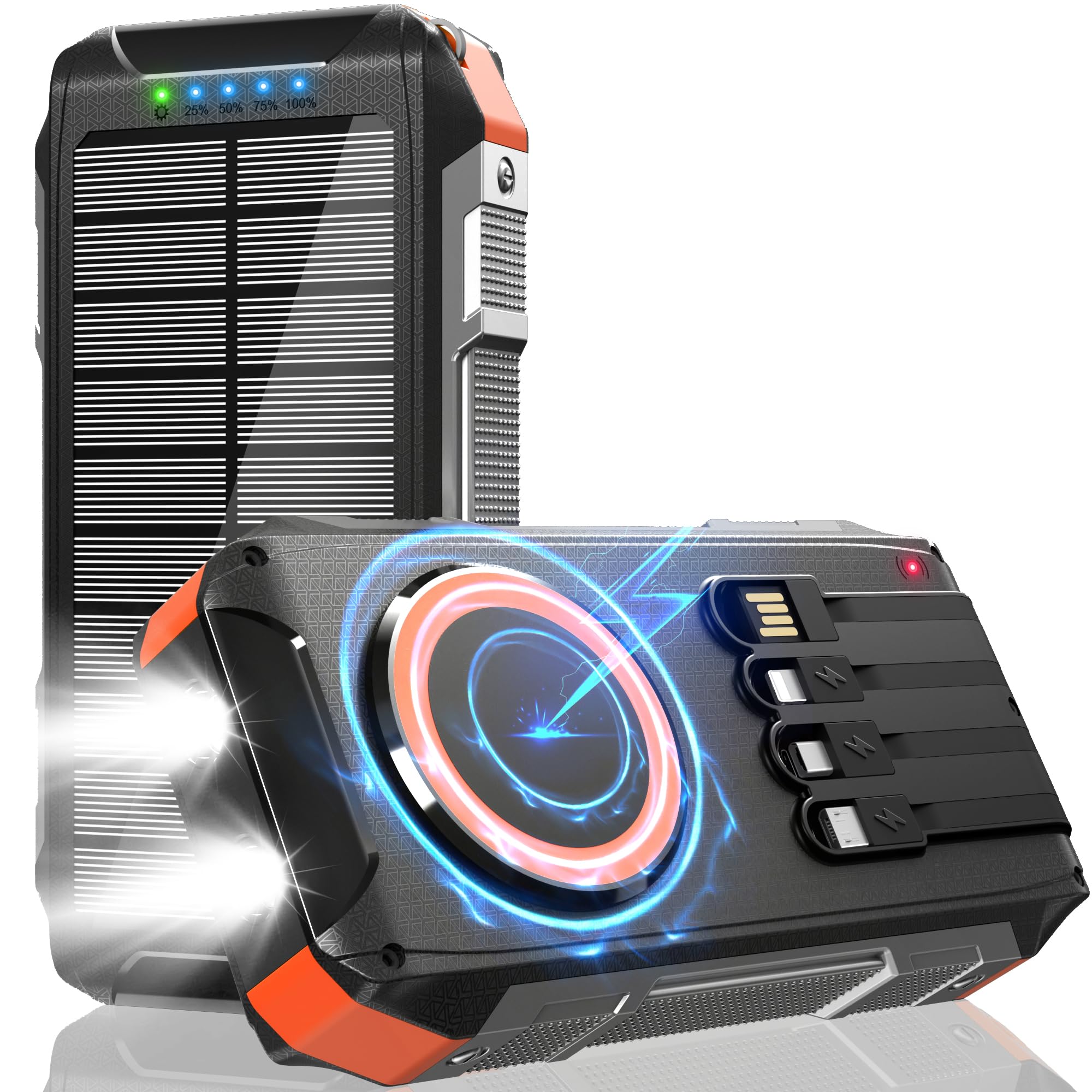 Power Bank Solare 26800mAh, Solare Powerbank Ricarica Rapida 30W | Caricatore Portatile Wireless con 4 Cavi Integrati,3 Porte 7 Uscite, LED Torcia,Batteria Portatile per Campeggio e Outdoor