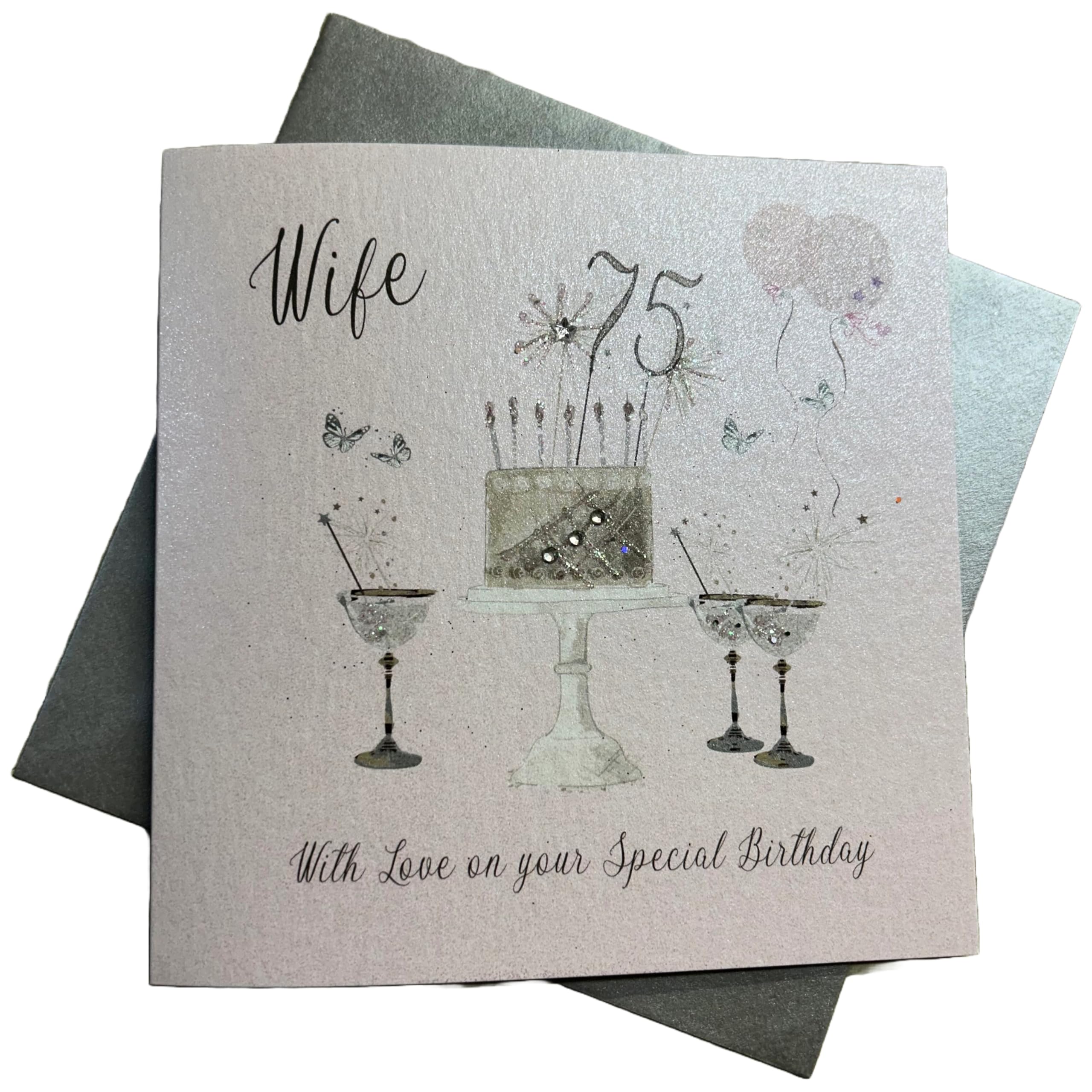 WHITE COTTON CARDS Happy 75th Birthday Card Wife Champagne Glasses Pink & Gold Sparkly Cake SS42-W75