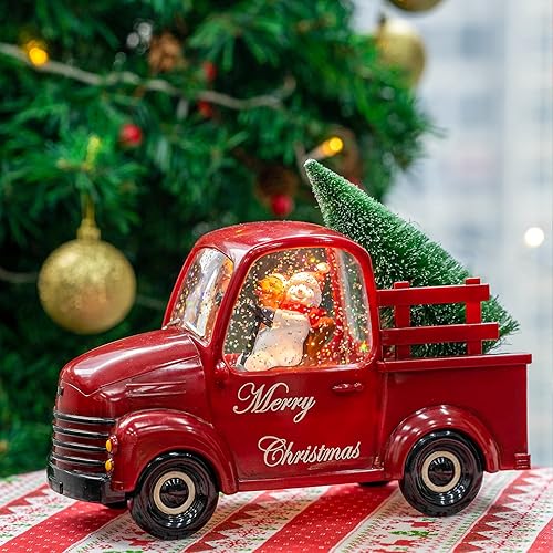 Miniatura 7 de Xindian Globo de nieve de camión rojo musical con purpurina giratoria, muñeco de nieve y perro, árbol de Navidad, linterna de agua giratoria para
