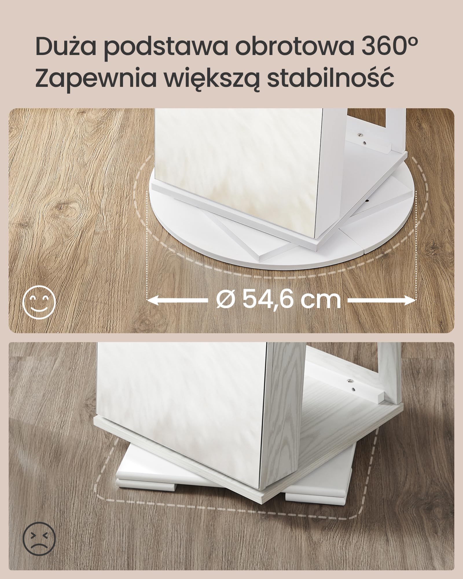 SONGMICS Szafa na biżuterię, szafa lustrzana, z lustrem bez ramy na całej długości, 3 półki, obracana o 360°, zamykana, biała JJC007W01