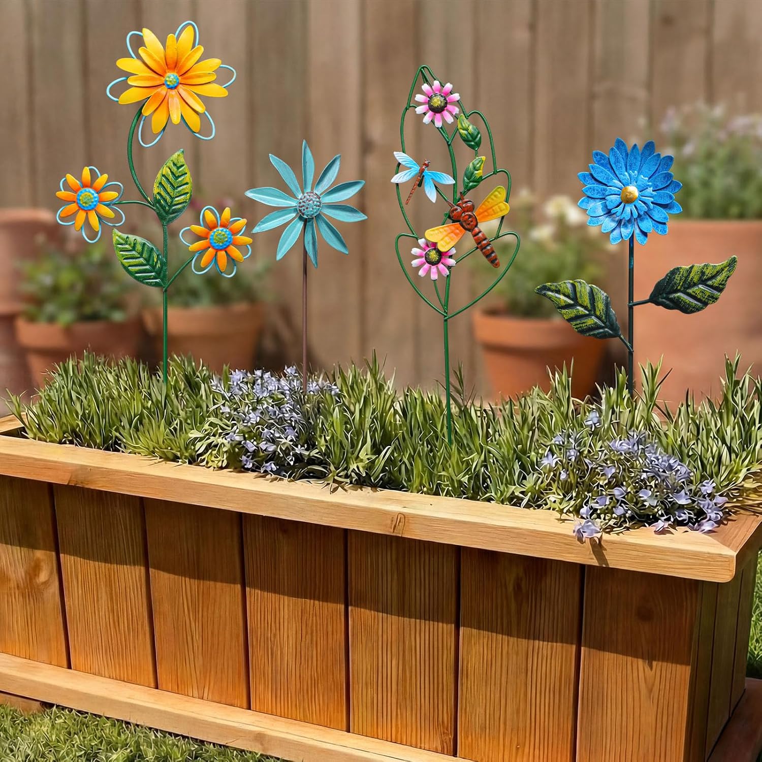 8 Pcs Metal Flower Garden Stakes for Outside Outdoor 14" Spring Wildflowers Metal Signs Waterproof Decorations Bird Dragonfly Windmill Landscape Ornament for Lawn Yard Garden Patio Porch Art