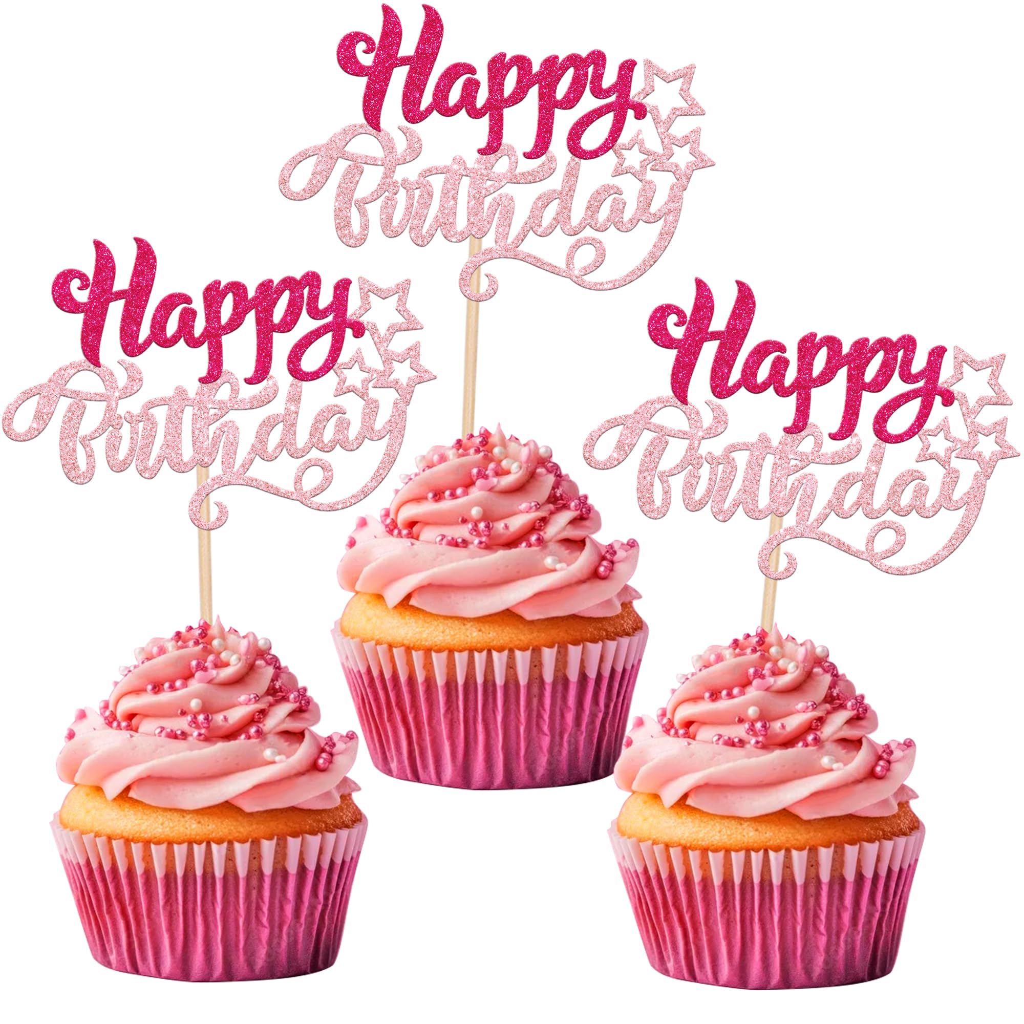 Xsstarmi 24 Pack Happy Birthday Cupcake Toppers Star Glitter Celebrating Birthday Cupcake Picks for Baby Shower Birthday Party Cake Decorations Supplies Rose Red Pink