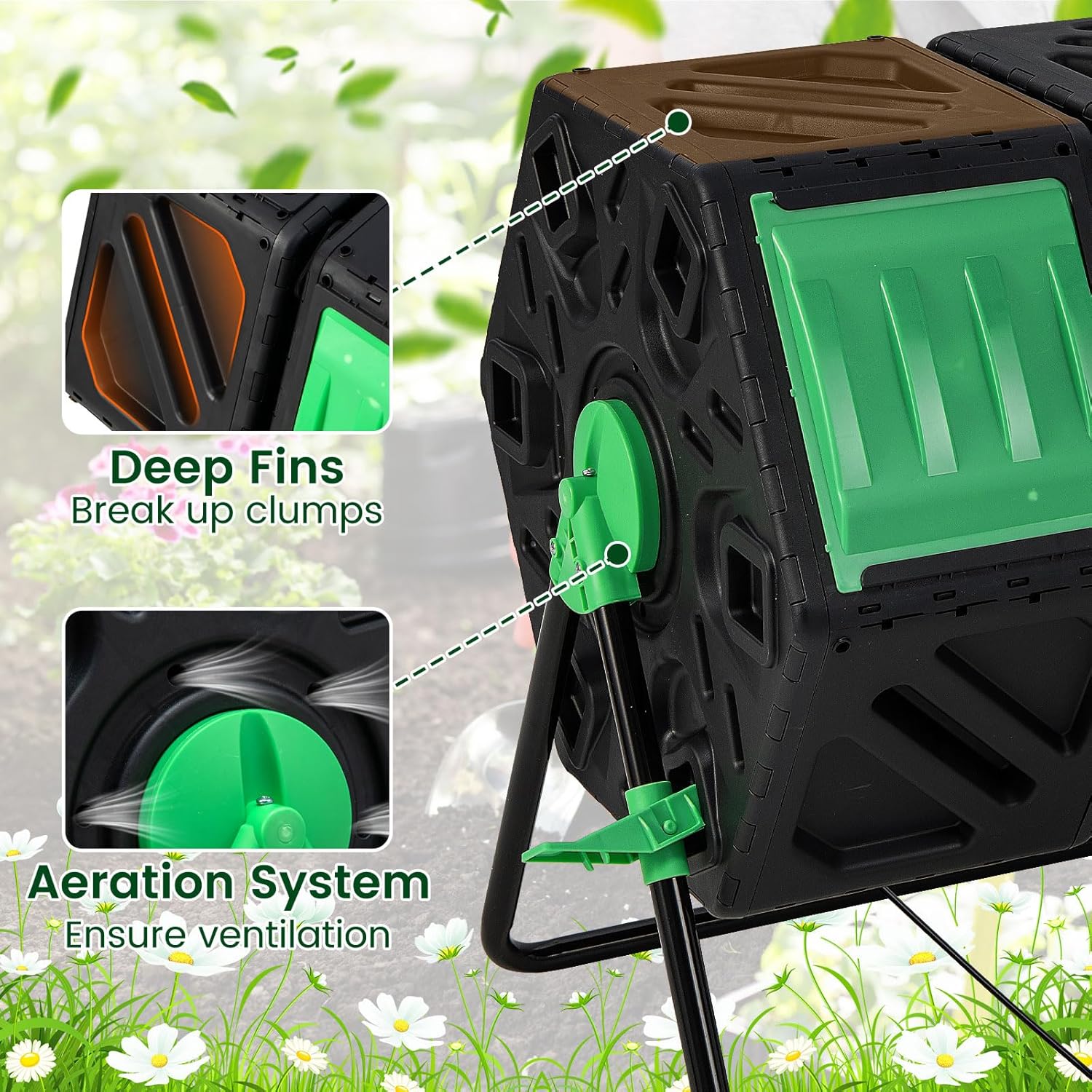 Independent Compost Bin, Hexagon Dual Chamber Compost Tumbler with 34.5 Gal, 2 Rotating Chambers, Sliding Doors, High-Volume Outdoor Composter, Rotating Composting Bin for Garden Yard