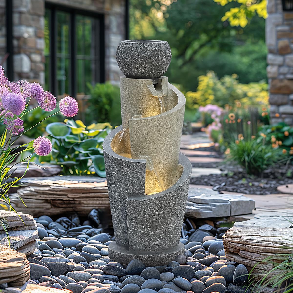 CHARLES BENTLEY 3 Tier, Water Feature, UV Resistant, Weather Resistant, Mains Powered, Plug Included, Frost Resistant, Modern, Water Fountain, Built In LED Lights, Polyresin, Stone (66.5x28x28cm)