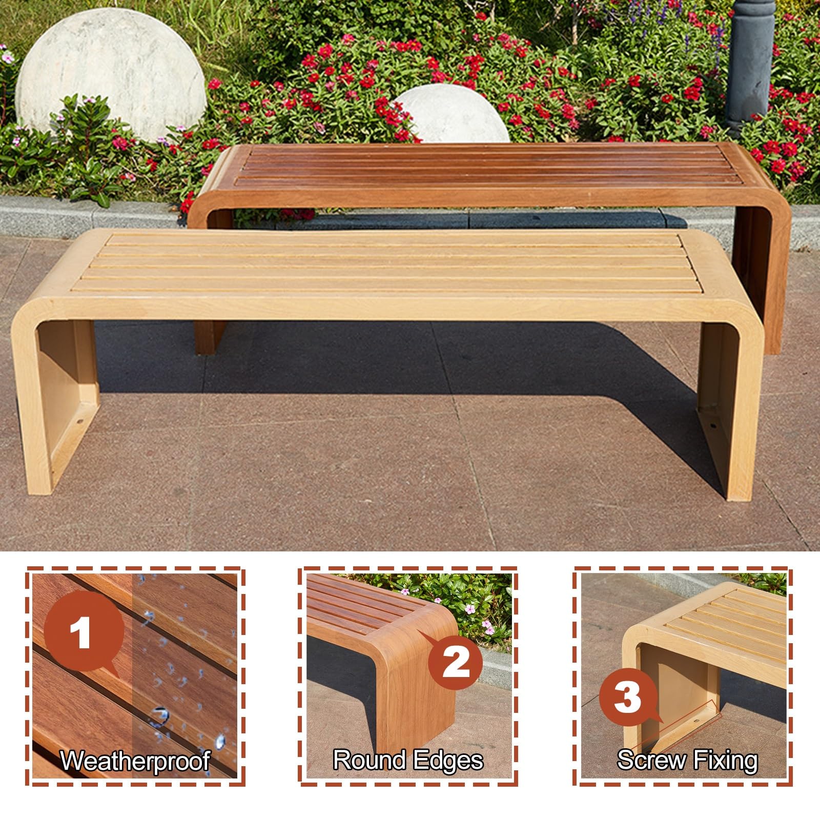 Gartenbänke, Holzbank, Terrassenbank Ohne Rückenlehne, Wetterfeste Parkbänke, Metallrahmen, Geeignet for Gärten, Veranden, Terrassen(Brown,100cm/39in)