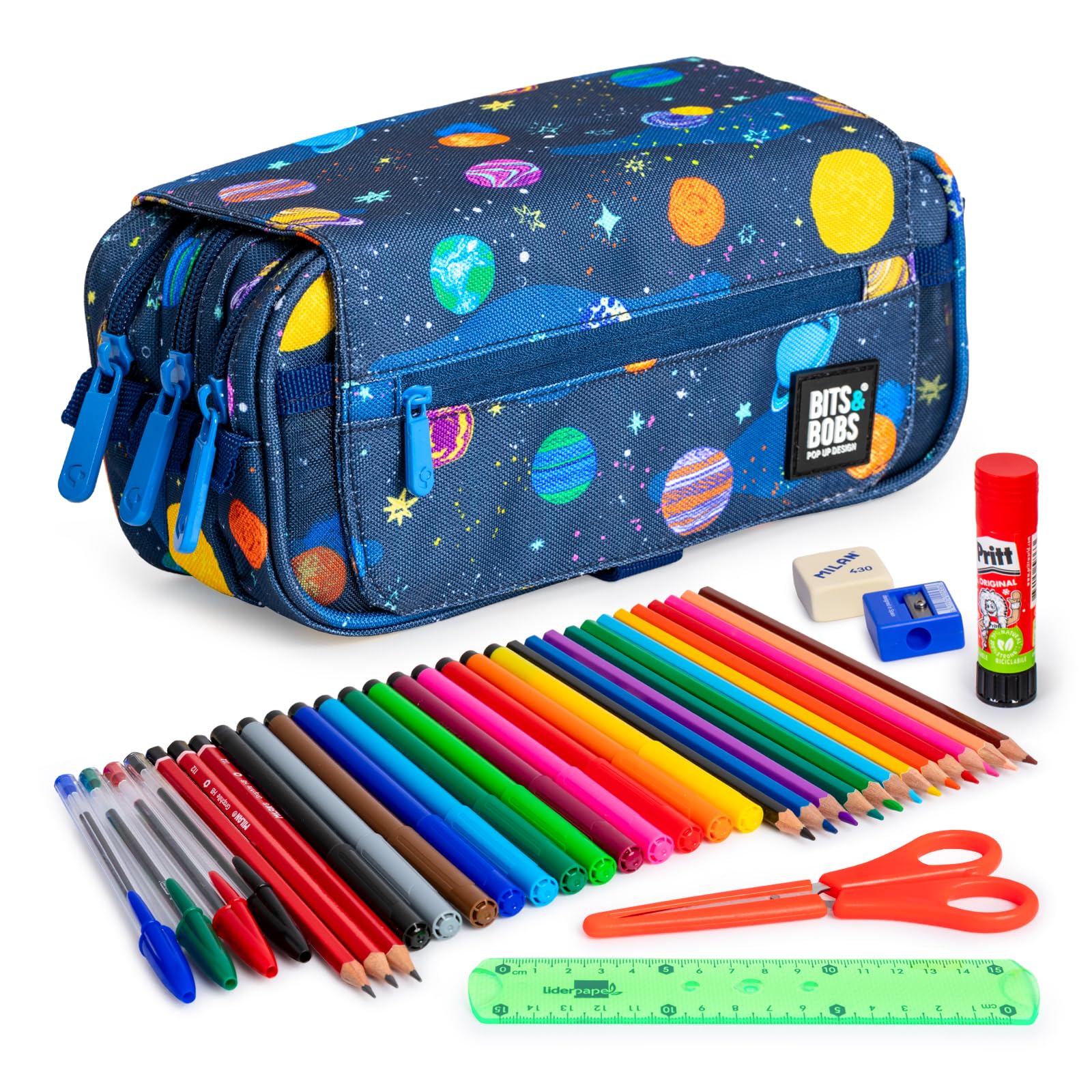 Colepack Design - Lote de Estuche Portatodo Triple con 3 Cremalleras y Material Escolar de Primeras Marcas Incluido (Space)