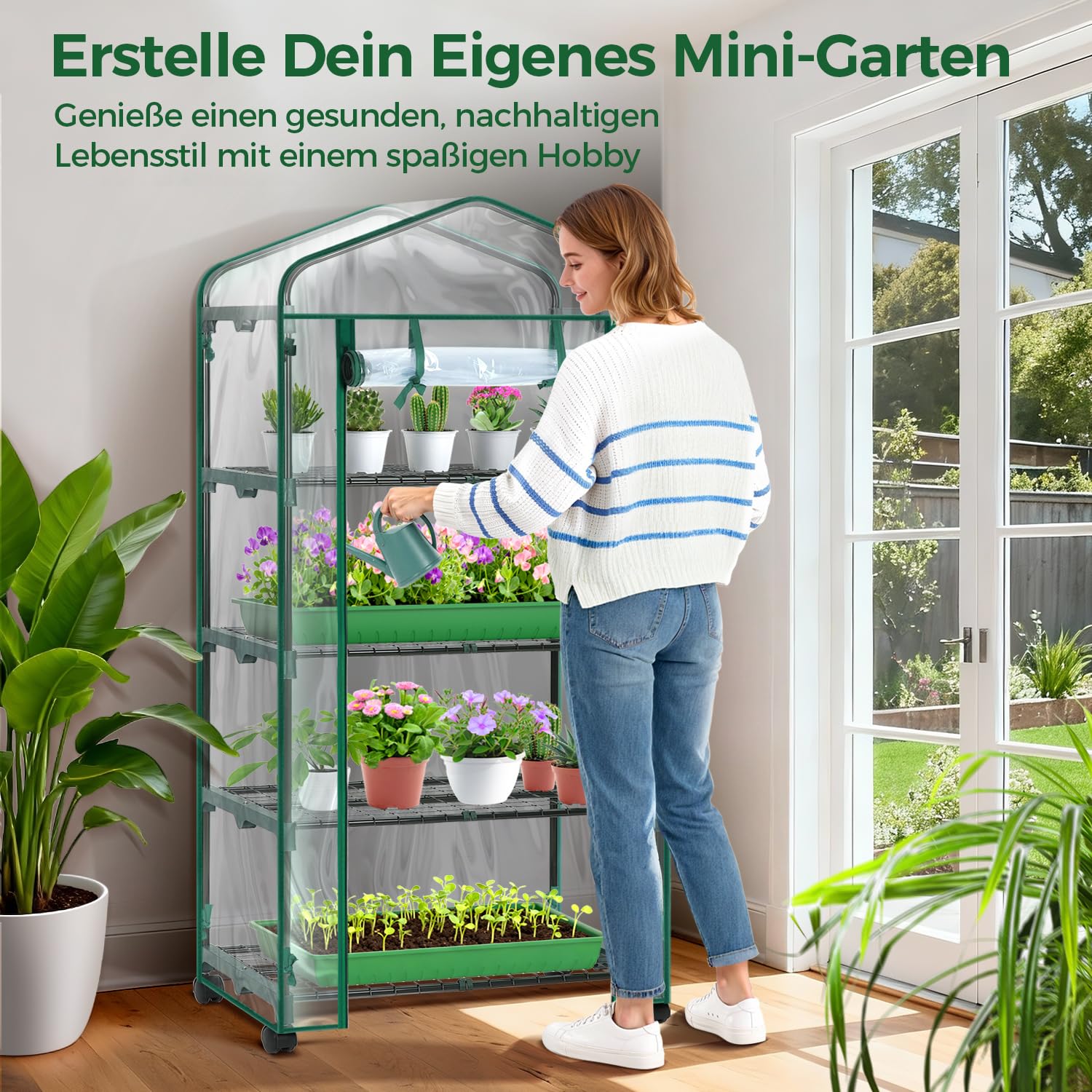 Ohuhu Gewächshaus klein Premium Foliengewächshaus mit Verriegelungsräder, Folien Treibhaus mit 4 Regalen Anzuchthaus Treibhaus Platzsparend Frühbeet für Balkon Garten 69x48x162 cm Transparent