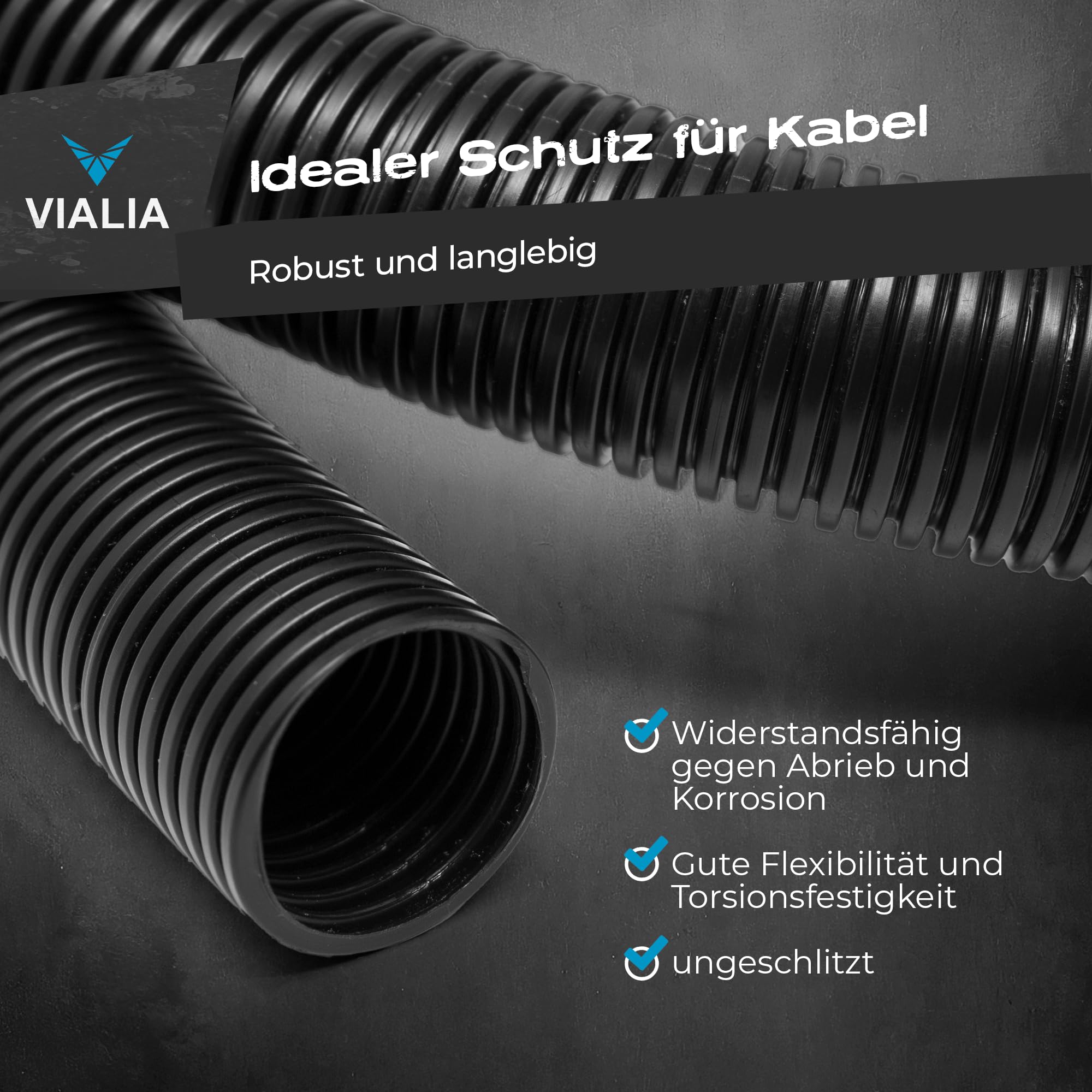 Kabelschutzschlauch ungeschlitzt 25m x 6,6mm, Flexibles und UV-beständiges Wellrohr aus Polypropylen, stabil und biegfest, Temperaturbereich -40°C bis 130°C, schwarz