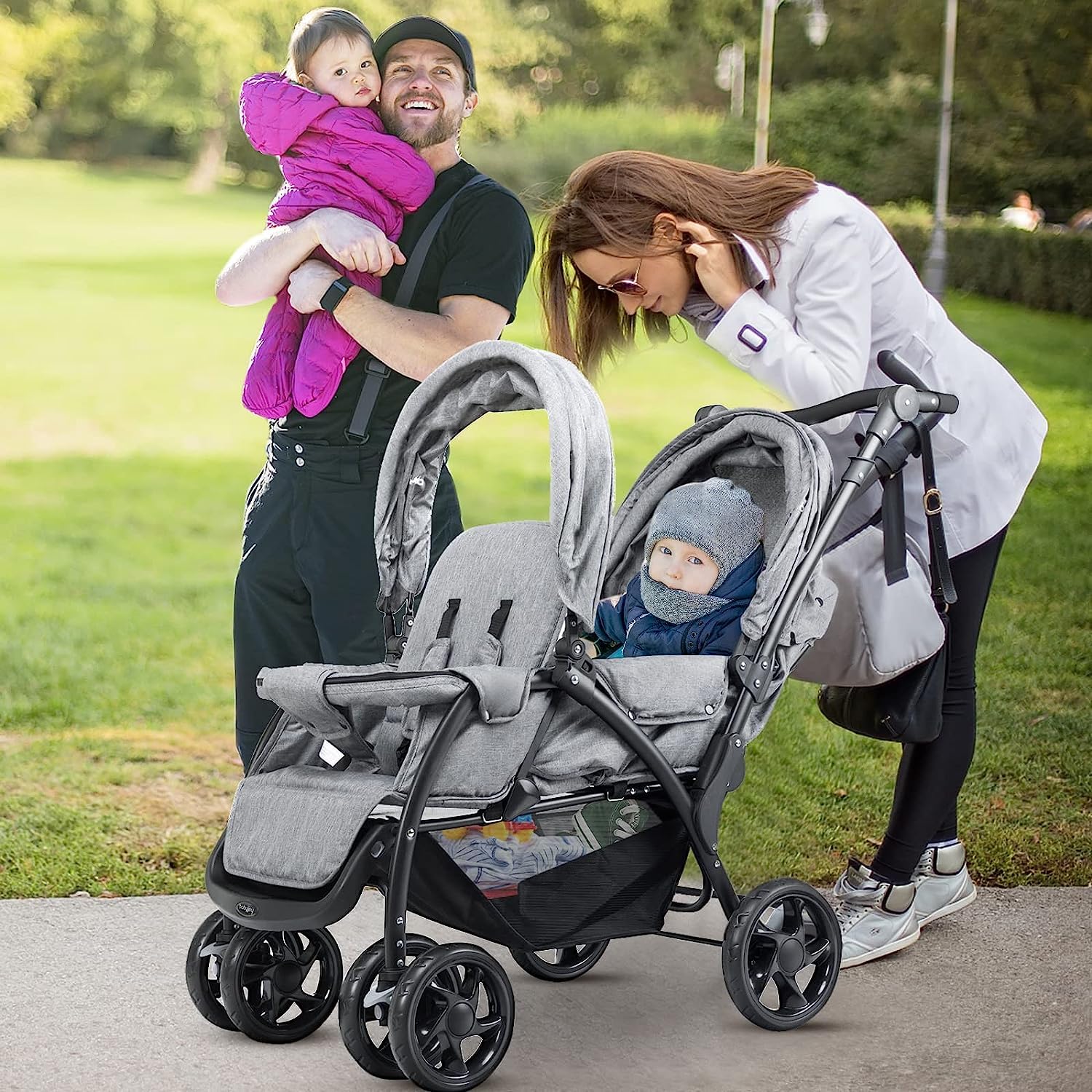 RELAX4LIFE Poussette Double pour Jumeaux Pliable 0 à 36 Mois | Poussette Canne de Bébé avec Capote, Charge Max 15 kg, Guidon et Repose-pied Réglables, Dossiers Inclinables