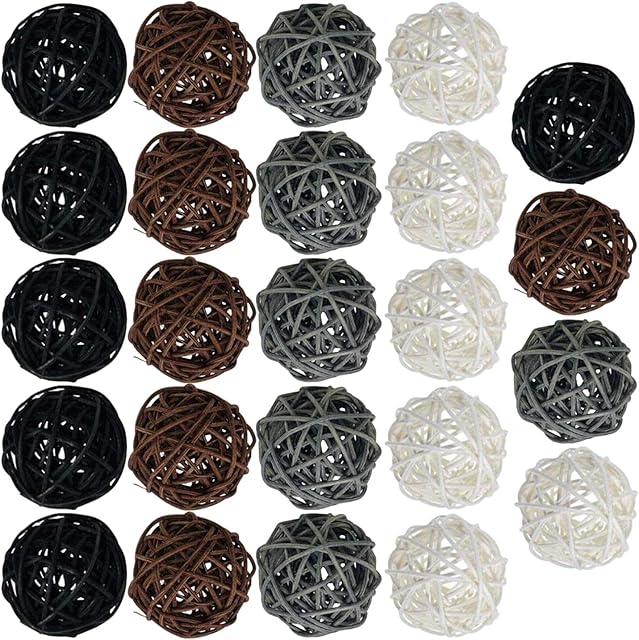 chiwanji 24/15Pcs Wicker Rattan Balls Handmade Decorative Bird Toys Wedding Party Centerpieces Garden Florist, Black Gray White 24