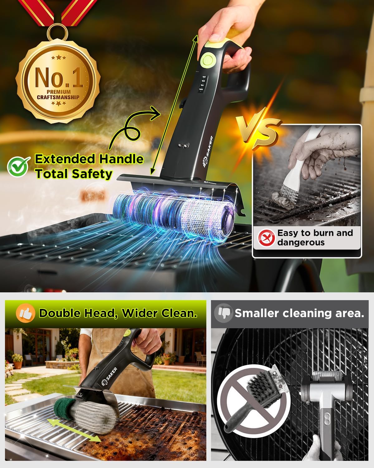 Saker Electric Grill Brush, 450 RPM Automatic BBQ Cleaning Tool with LED Light & 3 Interchangeable Heads – Cordless, Bristle-Free Grill Scrubber for Outdoor Cooking Accessories