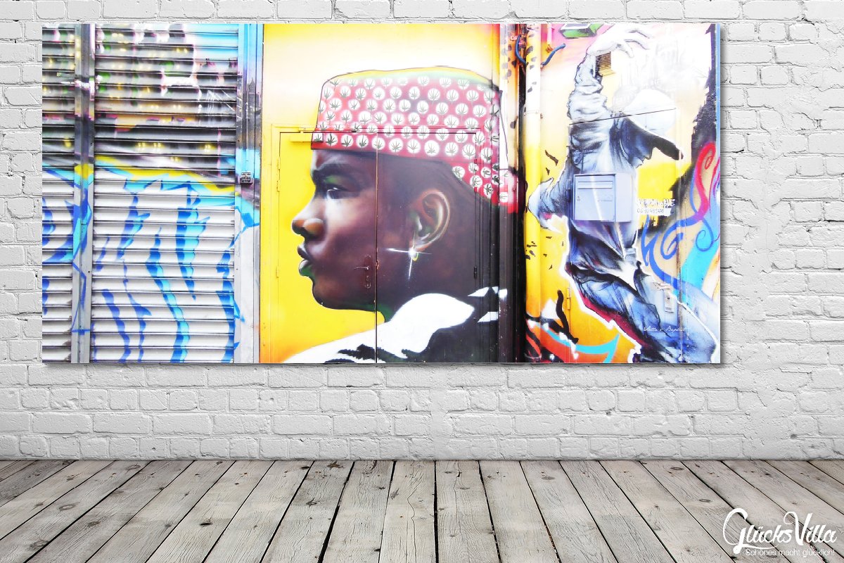 Glücksvilla - Graffiti 1 (Leinwand-Bild 2 cm, 160 x 80 cm) | div. Maße - aus DE - Kunstdruck Deko Wandbild quer - Paris Gemälde sprayen Kunst Mann Airbrush
