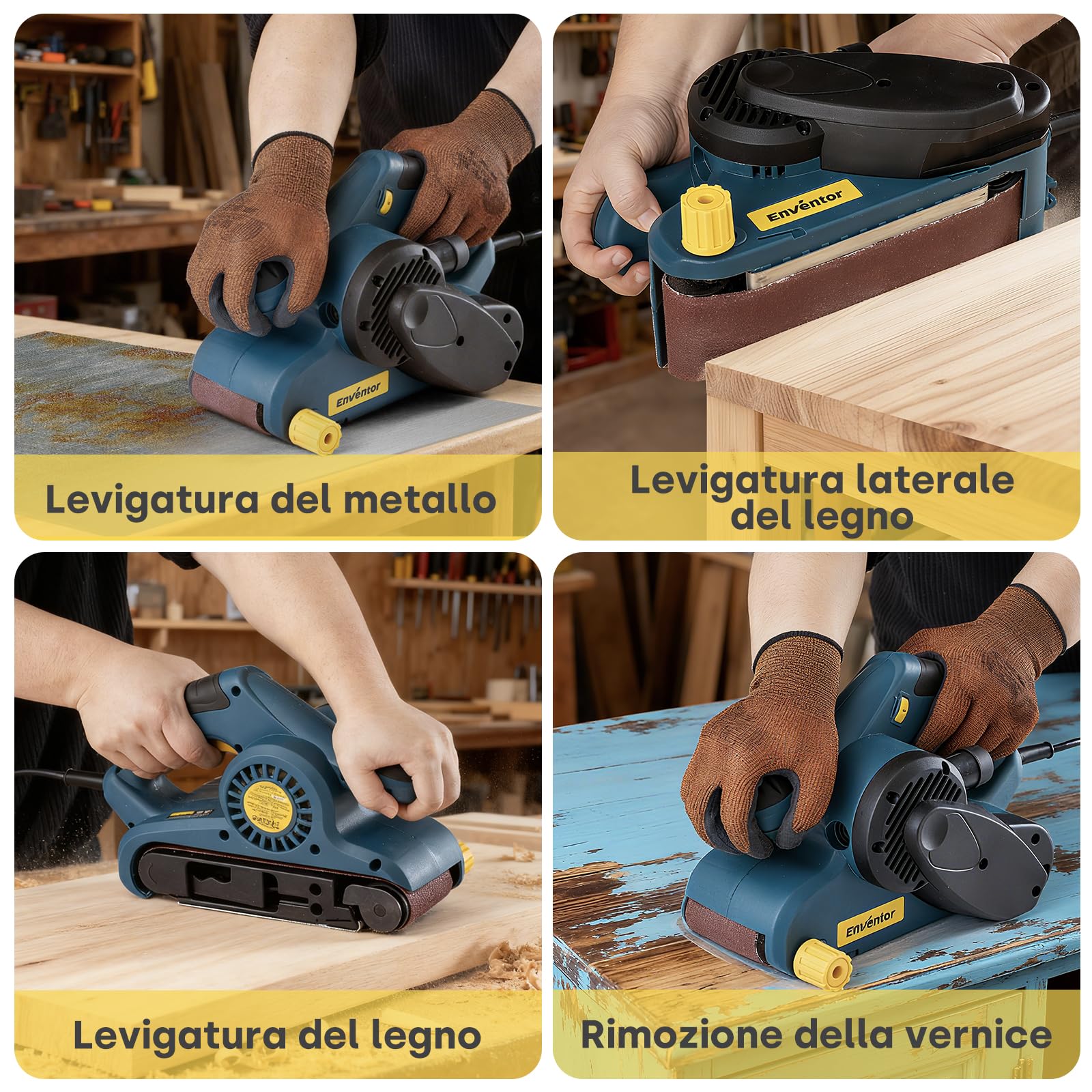 Enventor Levigatrice a Nastro 950W 6 Velocità 120-380m/min 12 Nastri Abrasivi 76 x 533mm Sacchetto Raccoglipolvere