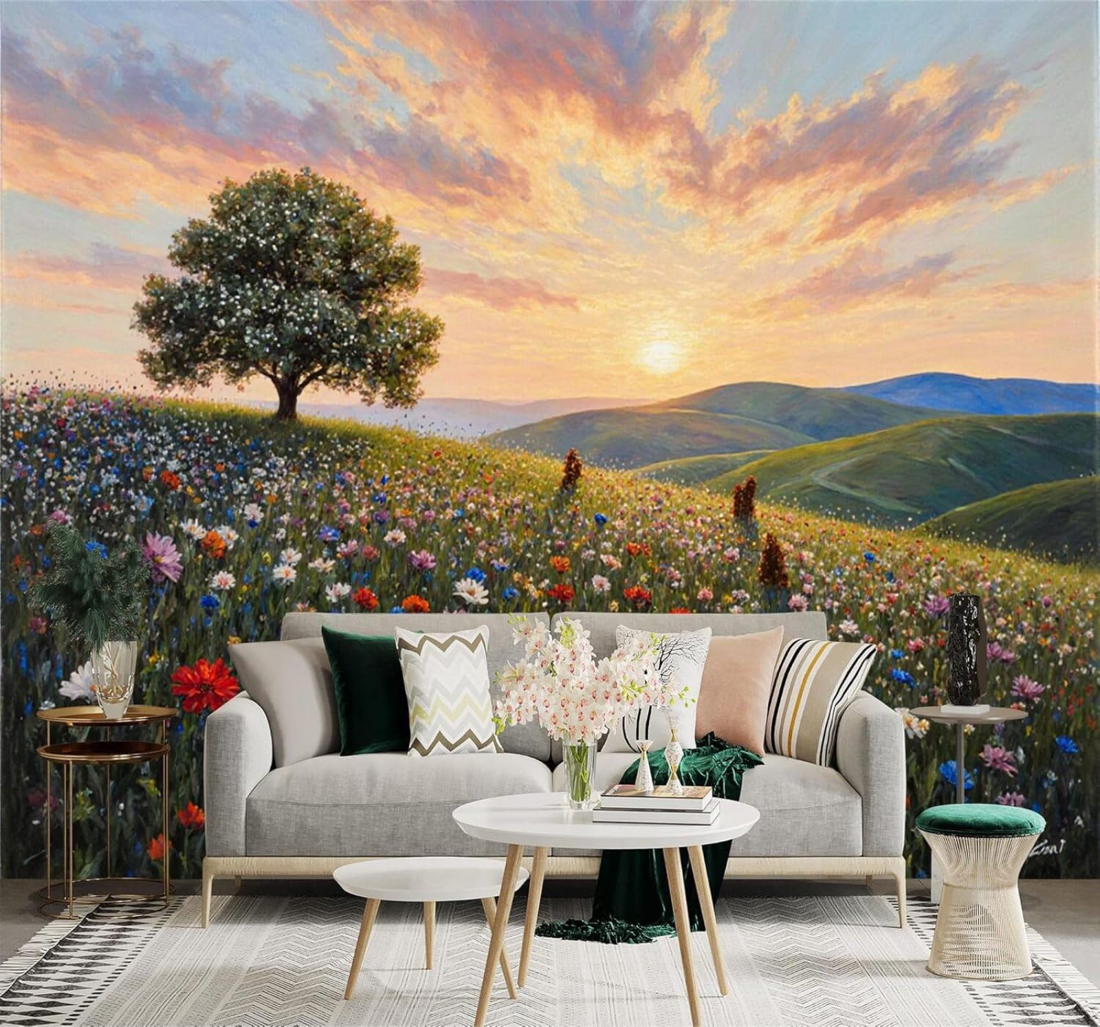 Xlming 150Cm×105Cm(B×H) Trees Wildflowers Meadows Hills Sunset Scenery 3D Wallpaper Silky Texture Home Study Office Grey Dining Room Sofa Bedroom Living Room Tv Backdrop-150Cm×105Cm