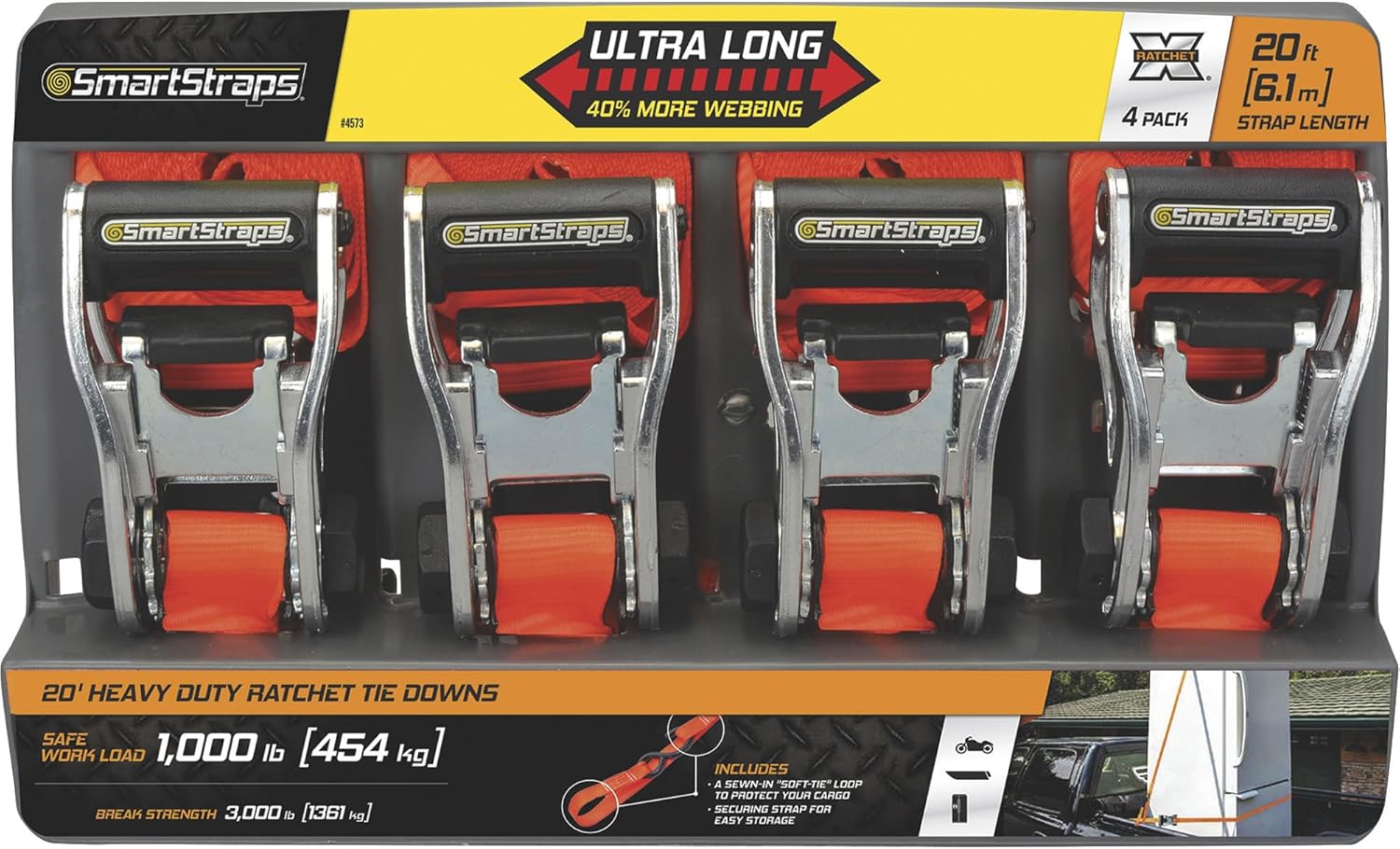SmartStraps RatchetX Ratchet Tie-Down Strap - 4-Pk. 1.125in. x 20ft. with J-Hook, 3000-Lb. Breaking Strength, Orange, Model Number 4573