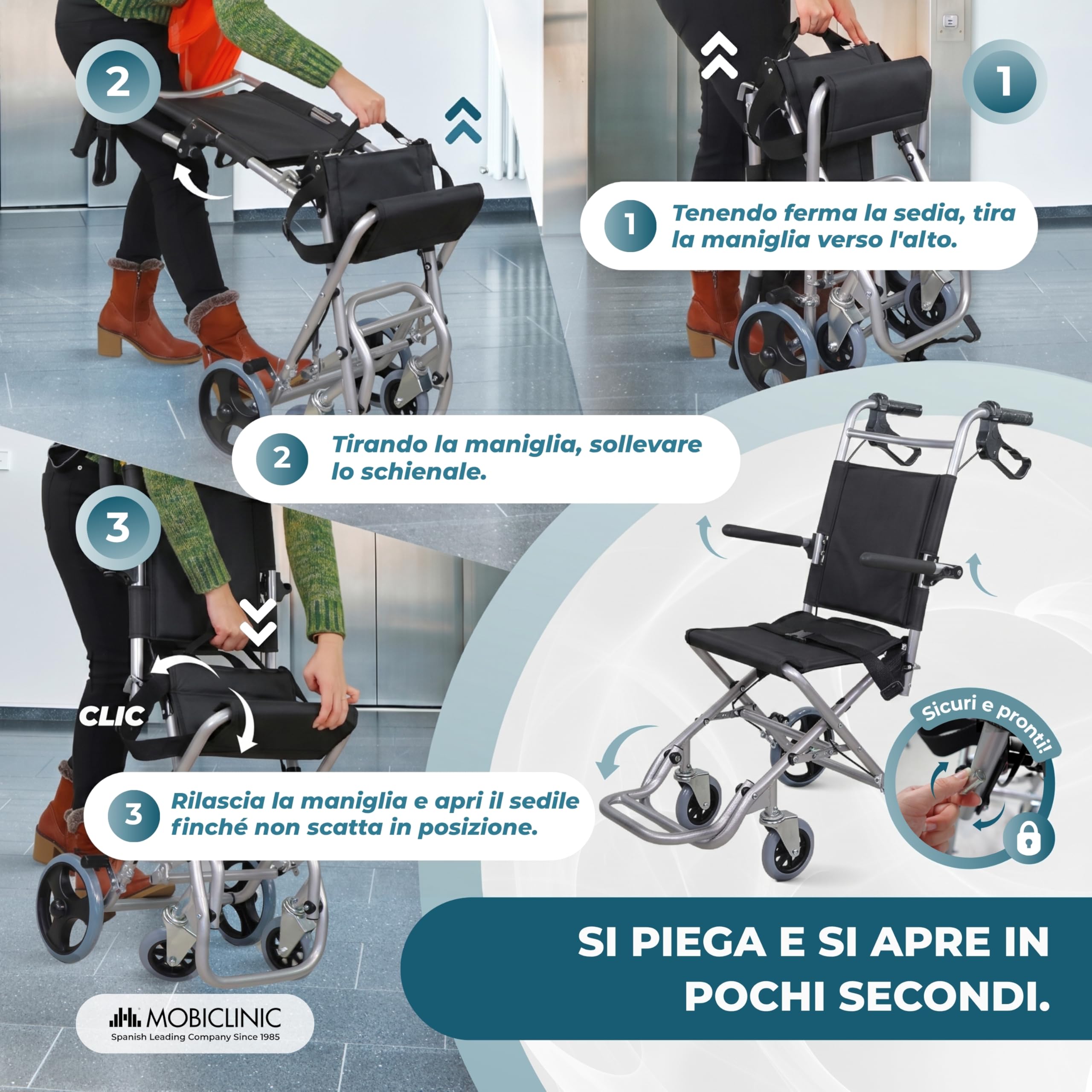 Mobiclinic, Sedia a rotelle da transito, Neptuno, Alluminio, Pieghevole, Freno sulle maniglie, Marchio europeo, Poggiapiedi pieghevoli, Braccioli, Leggero, Cintura di sicurezza, Ergonomia
