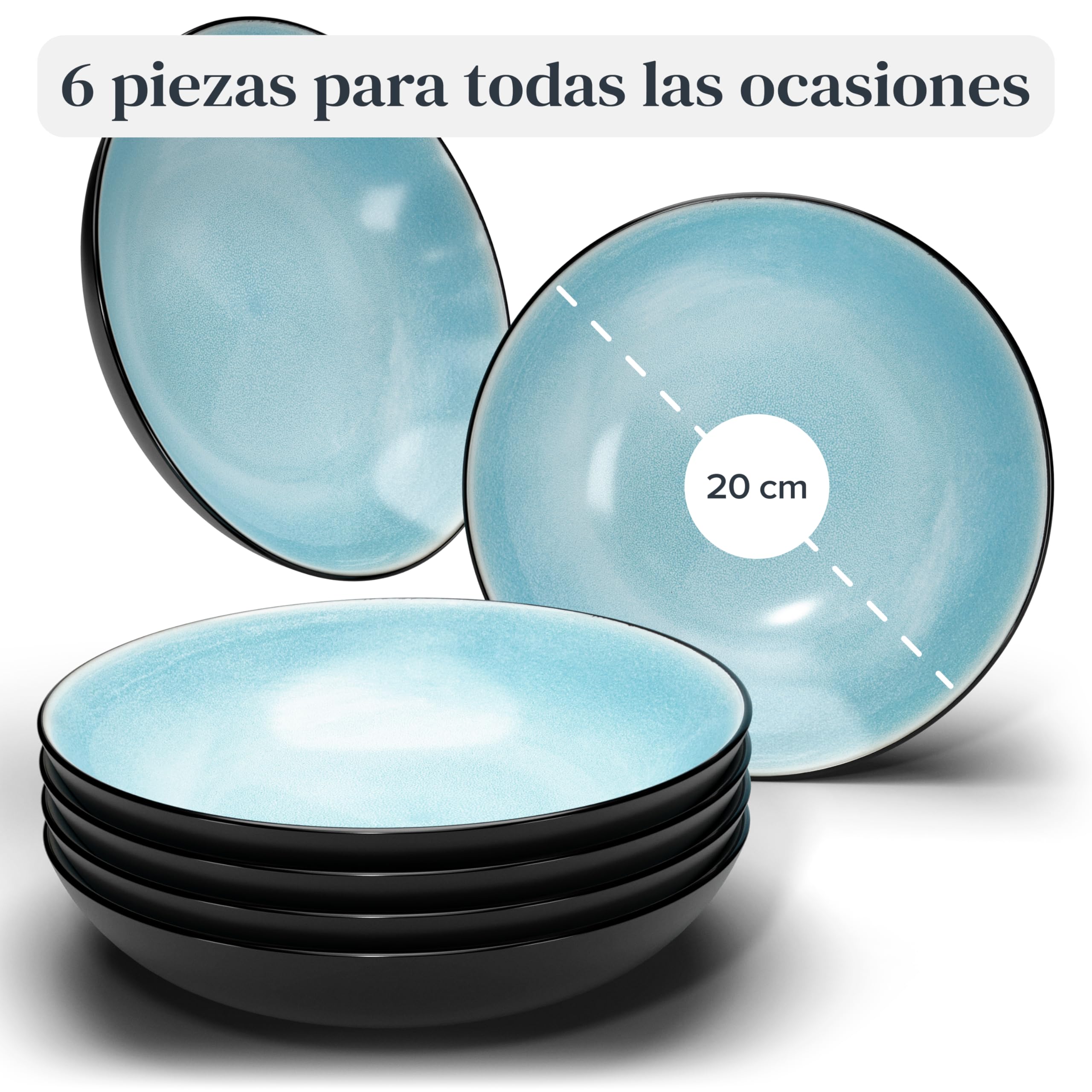 Juego de 6 platos hondos Ibiza – gres premium, resistente a los arañazos, apto para lavavajillas, microondas – Elegante juego de platos hondos – Platos de pasta hondos grandes – Pure Living vajilla — view 3