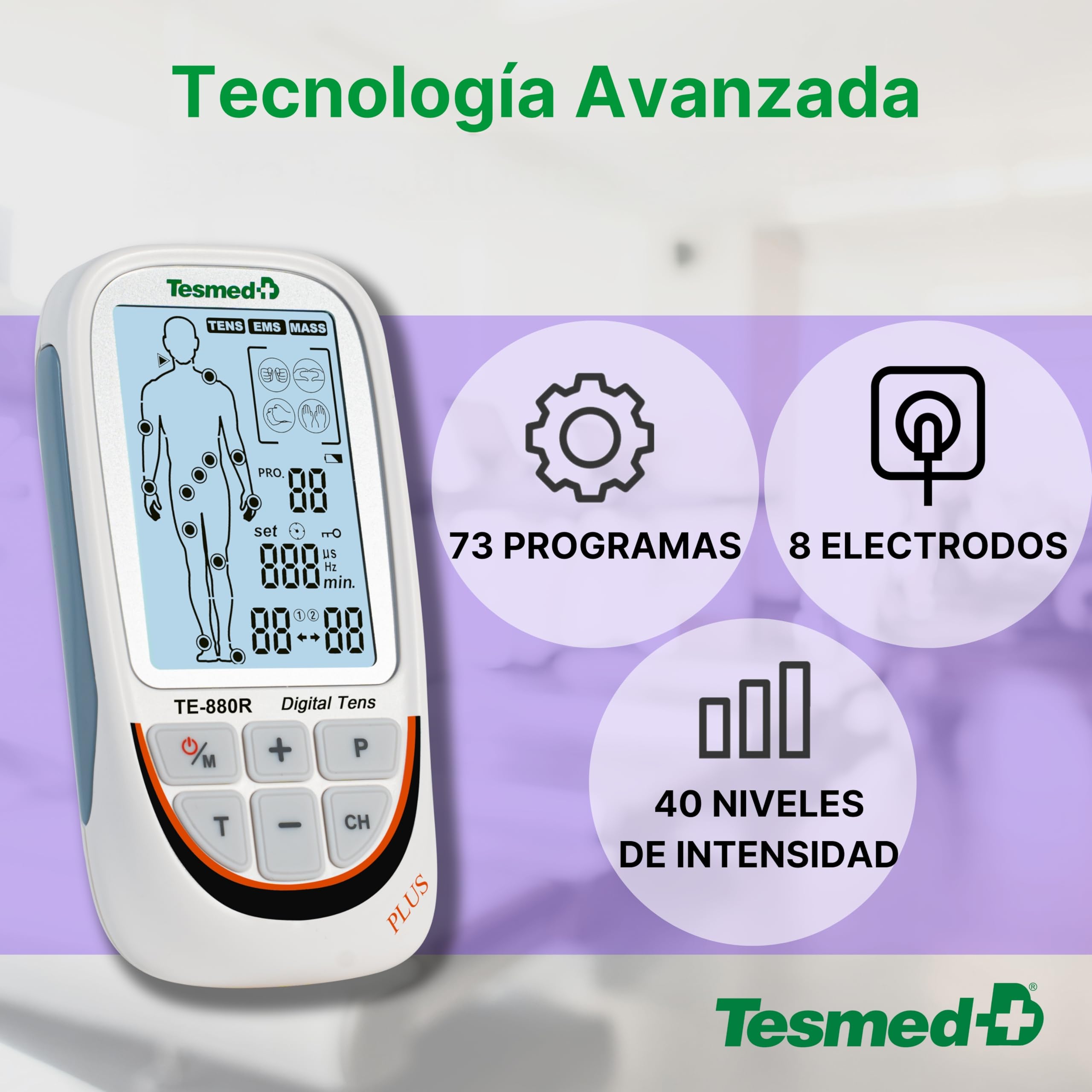 TESMED TE-880R Plus Electroestimulador Muscular Recargable, EMS, TENS, Masaje - 73 programas incluidos 2 personalizables - Funciona con 8 electrodos