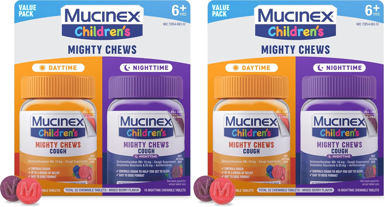 Mucinex Children Mighty Chews Kids Cough Medicine Daytime and Nighttime Value,Easy to Dose Cough Suppressant for Kids with Dextromethorphan,Mixed Berry Flavor,32 Medicated Chewable Tablets(Pack of 2)