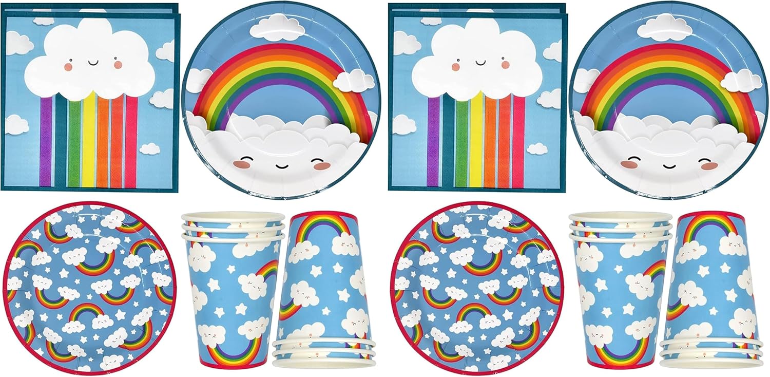 Gift Boutique 122 Pcs Rainbow Cloud Party Supplies Set Paper Plate Cup Napkin for Colorful Multi Colored Sky Clouds Birthday Disposable Dinnerware Serves 24 (Pack of 2)