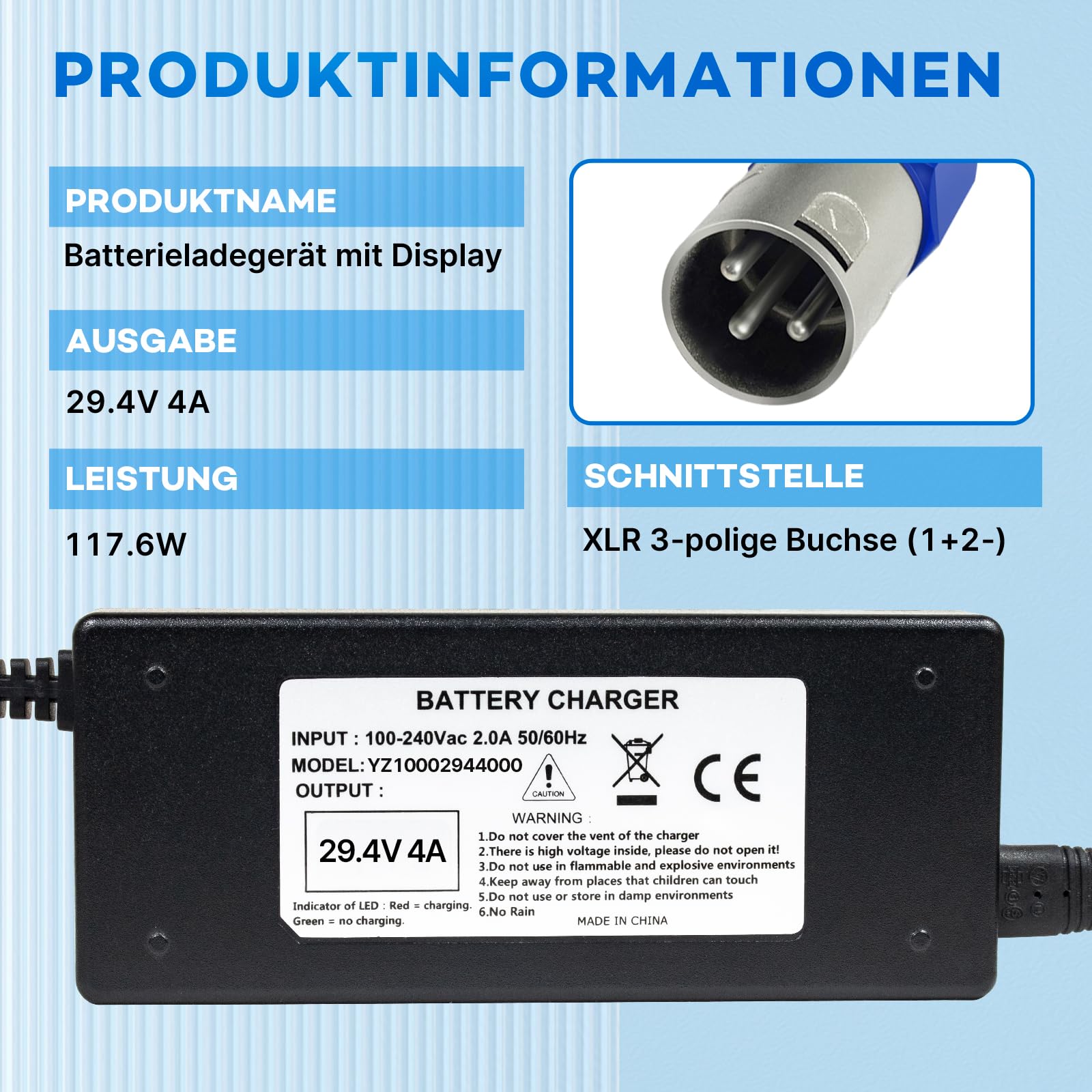 Cargador de batería de iones de litio de 24 V para sillas de ruedas eléctricas, scooters eléctricos, bicicletas eléctricas, 29,4 V, 4 A, adaptador de corriente CA, cargador rápido, ventilador de