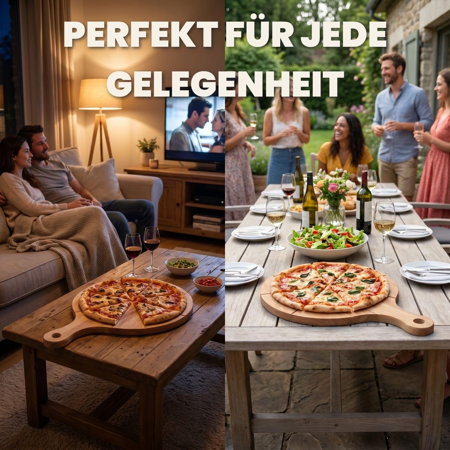 Pizzateller Holz 2er Set mit Griffen aus leichtes Buchenholz 33 cm | 33 cm, Schneidrillen, Erleichtert das Schneiden, Leicht zu reinigen, Hitzebeständig, Aufhängeloch, Für Pizza Snacks und Käse