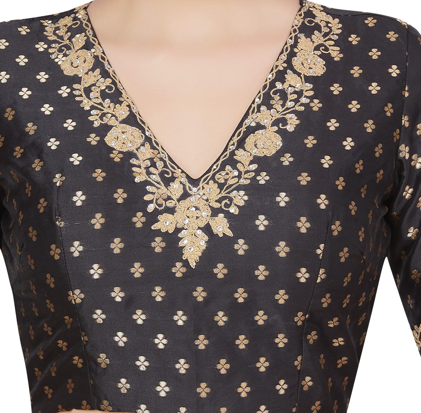 Studio Shringaar Women's Brocade Embroidered V-Neck Readymade Elbow Length Sleeves Saree Blouse (Black, 42) - Image 5 thumbnail