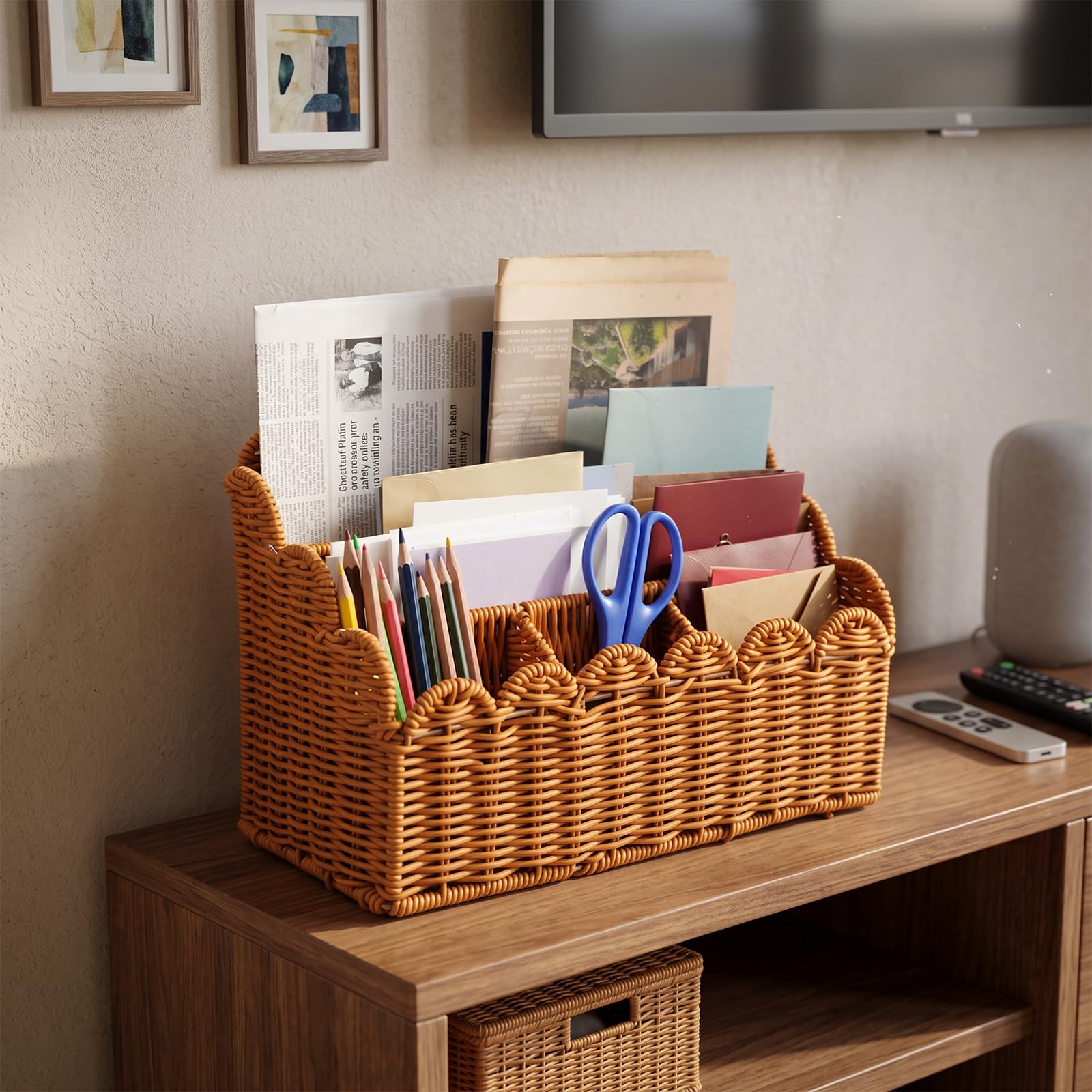 Organizador de escritorio de ratán festoneado de 32 cm, soporte de correo tejido con 5 compartimentos, cesta de almacenamiento natural tejida a mano para cartas de billetes, mimbre, bohemio
