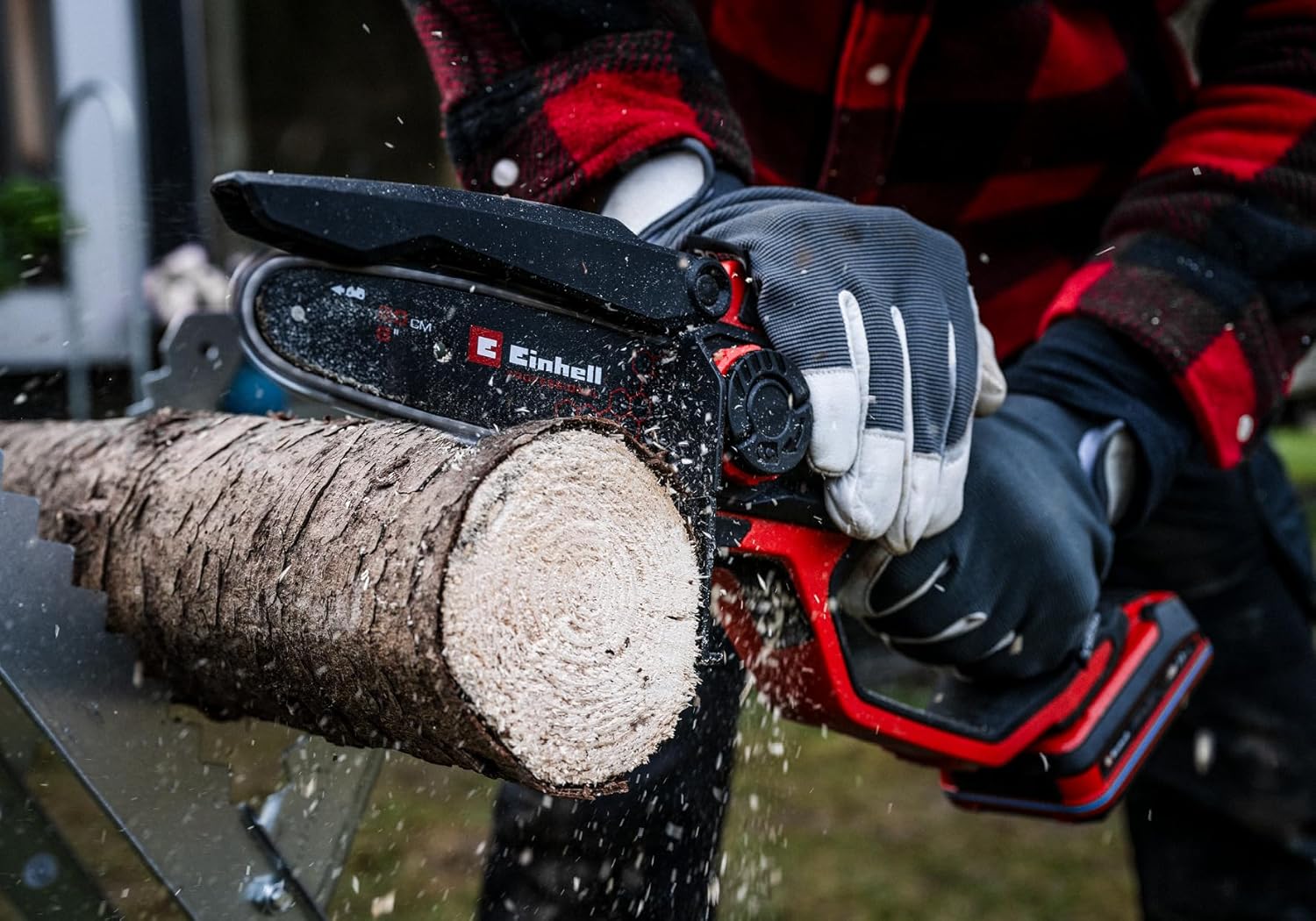 Close-up of the Einhell pruning saw's guide bar and chain assembly.
