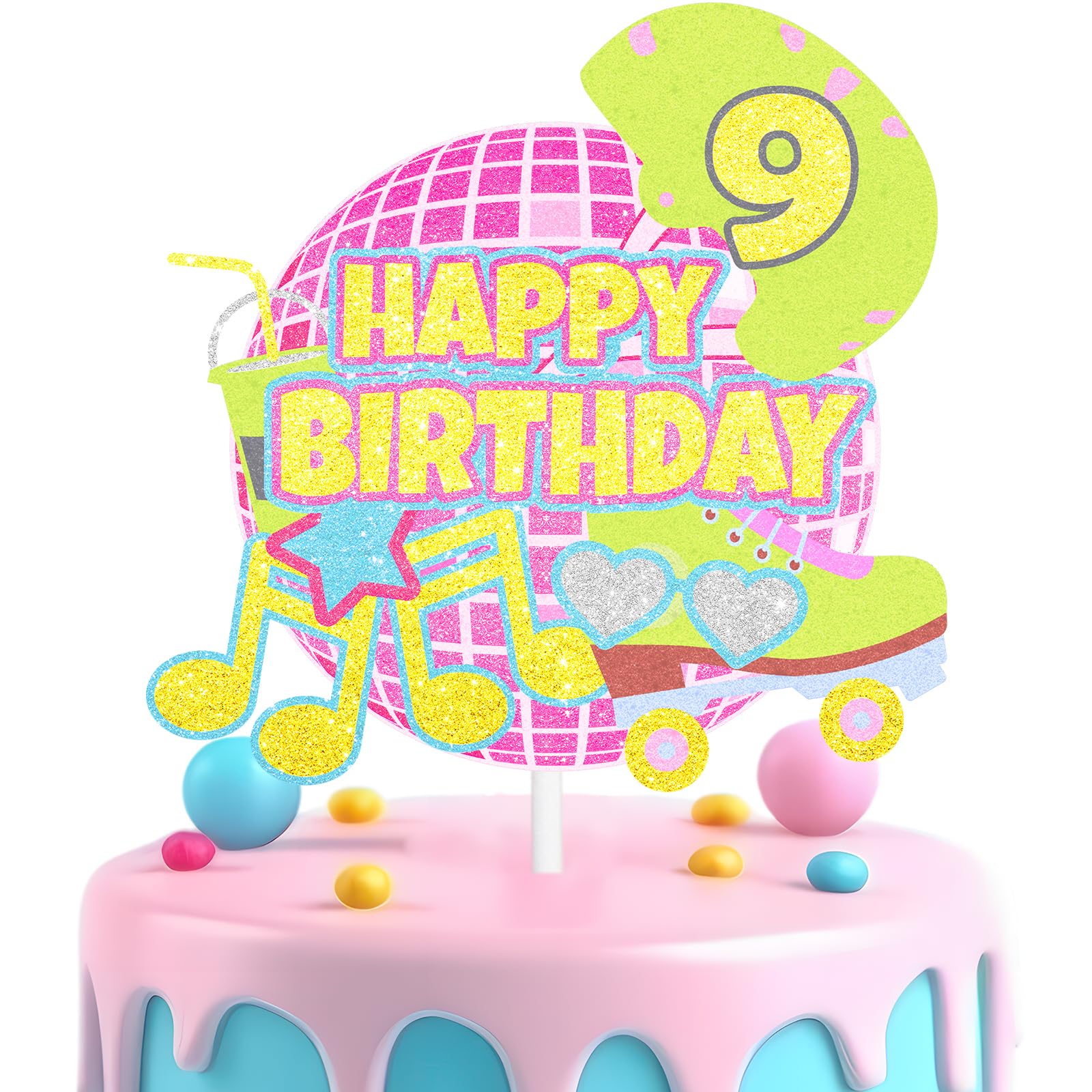 Retro Roller Skating Cake Topper for Girls Disco Themed 9th Birthday Happy Hip Hop Music Notes Decoration, Roller Skating Themed Party, Disco Themed Birthday Party (9th)