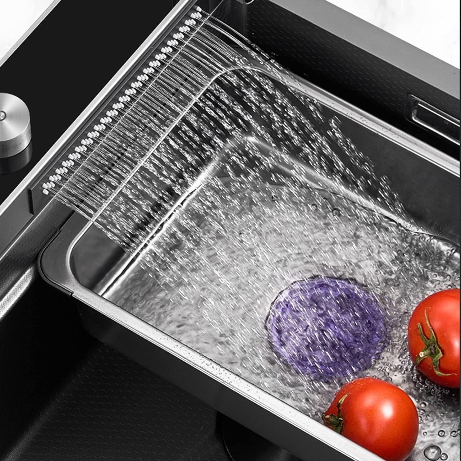 Faizee Home Wasserfall-Küchenspüle 75x45 cm – 1 Becken Nano Edelstahlspüle Schwarz mit Sprudelwasserhahn, 4-fach Armatur, Überlauf, Siphon, Ablaufgarnitur – modernes Spülbecken mit Zubehör