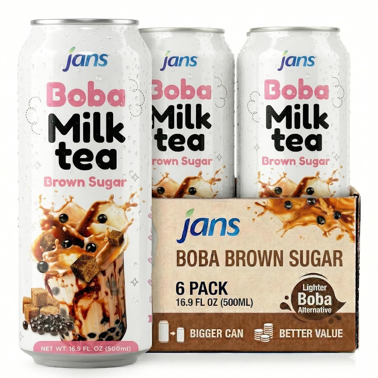 Jans Brown Sugar Milk Tea with Lighter Boba Alternative 16.56 Fl Oz (Pack of 6) – Same Great Taste, Lighter Boba Substitute