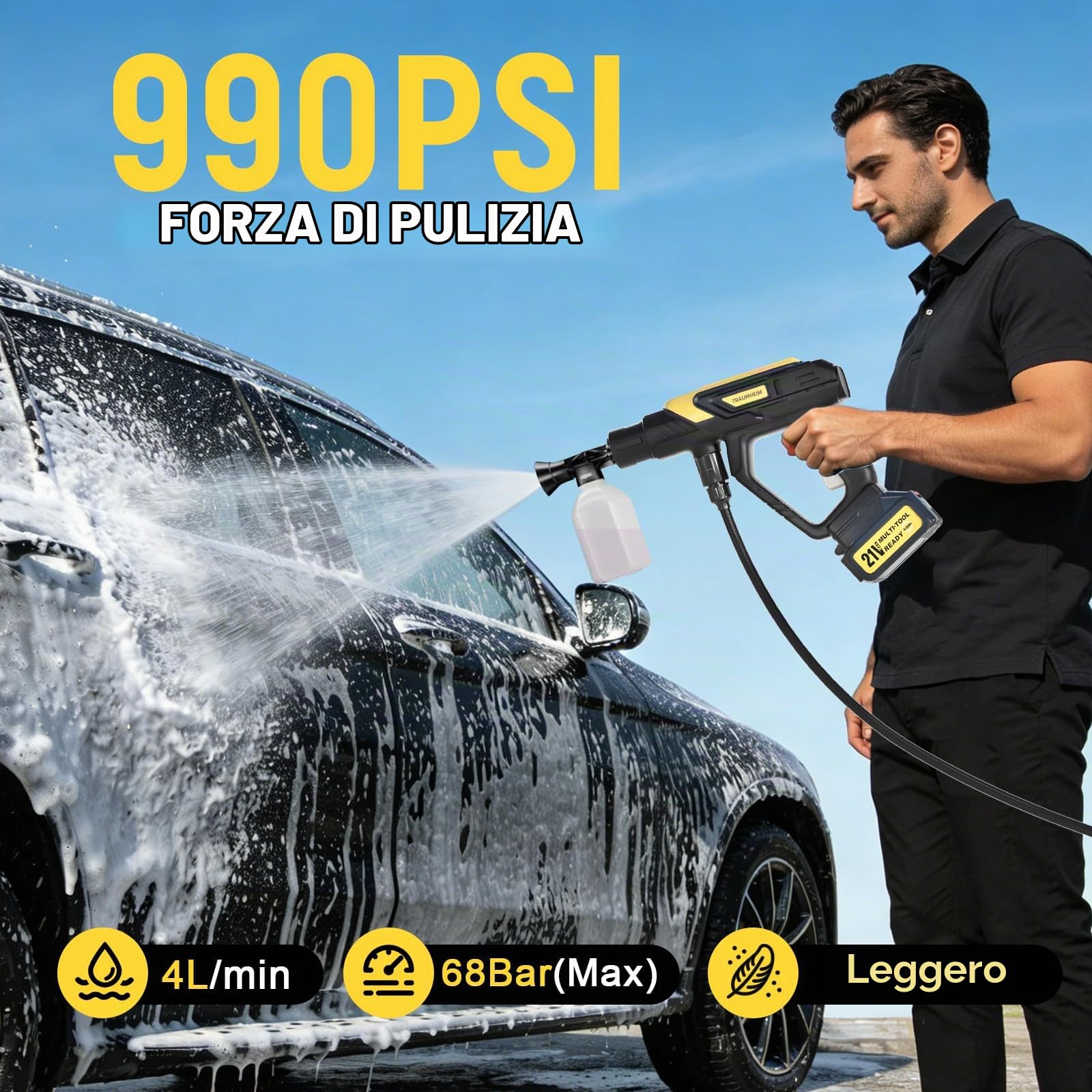 Idropulitrice a Batteria 21V/68Bar/990PSI - 2x 4000mAh Batterie, Set Completo 17 Pezzi con Barra Estensibile, Ugello 6 in 1 & Rotabile 180° – Ideale per Auto, Terrazza e Giardino