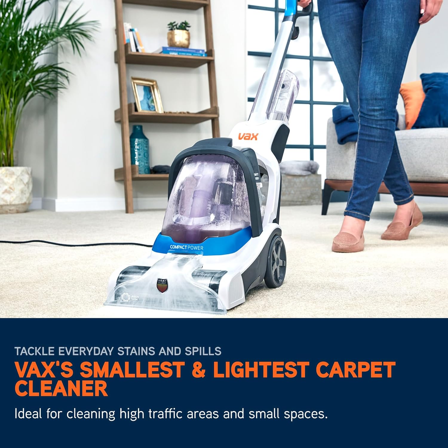 Vax Compact Power Carpet Cleaner Machine, Upright Portable Rug Shampooer Washer, Included Solution, Easy to Carry, White, 800W, 5.5kg, CWCPV011
