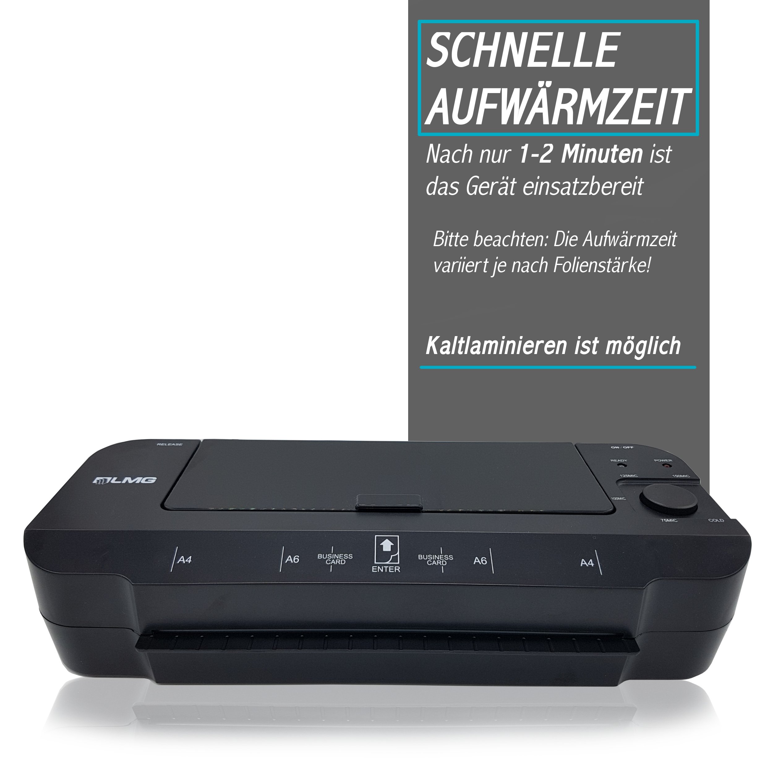 LMG | Plastificatrice Premium per documenti fino a A4 – Laminatore veloce con tempo di riscaldamento estremamente breve di 1-2 minuti, veloce e moderno fino a 2 x 150 MIC, anche laminazione a freddo