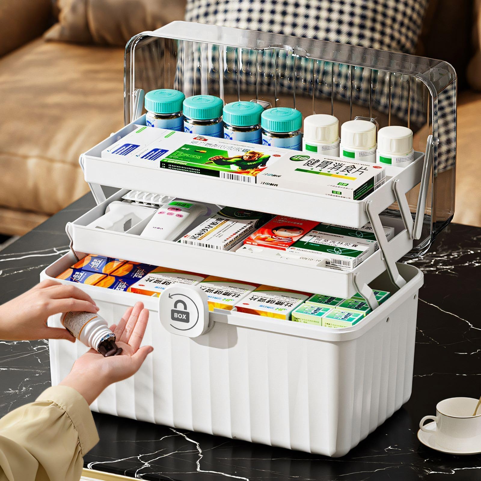 3 Layer Large Medicine Storage Box, Portable Medication Storage Box with Handles, Household Lockable Medical Box with Lid, White Medication Organizer Remedy Box, 32 x 18 x 22cm