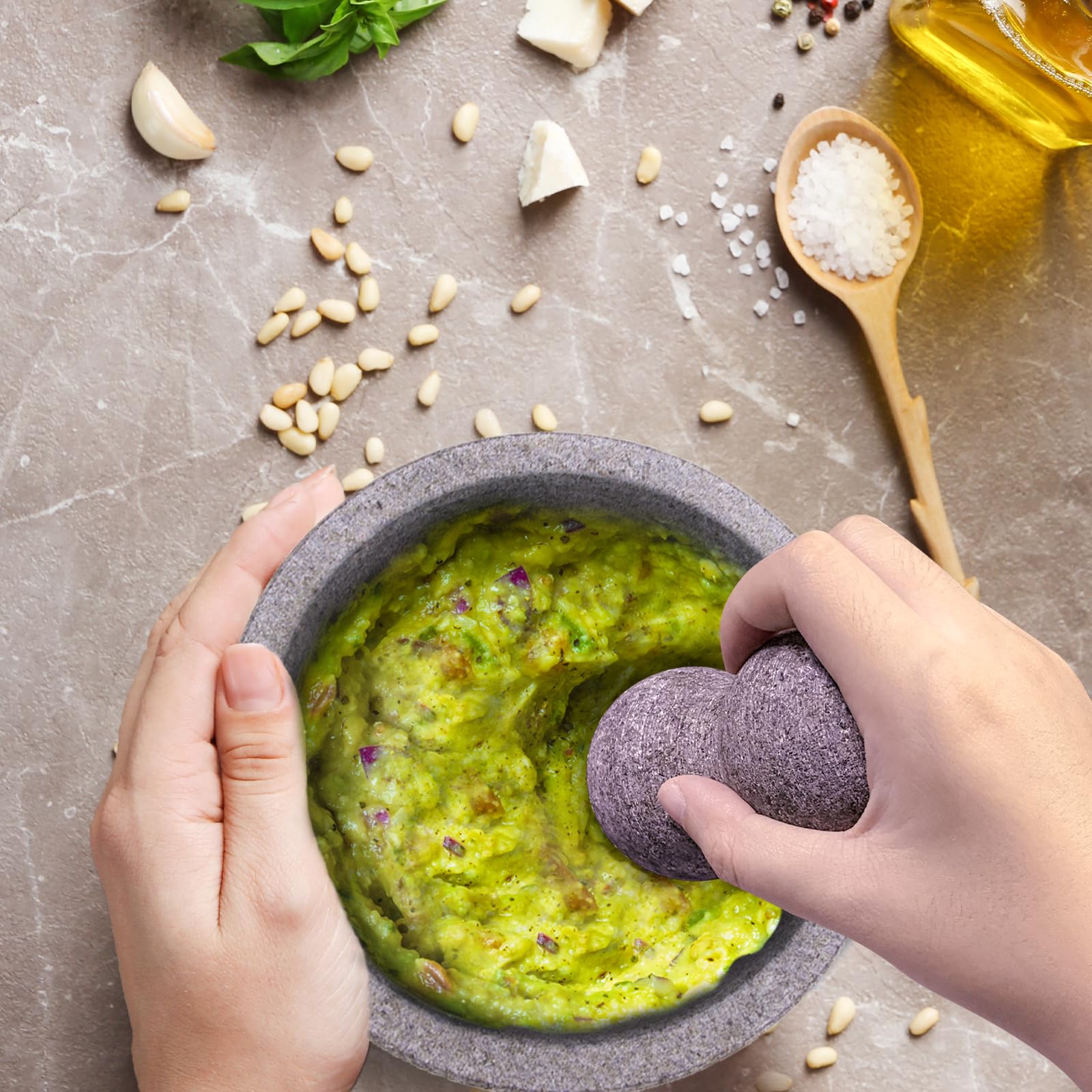 WhiteRhino Juego de mortero y pilón, 4 tazas de granito natural sin pulir Molcajete Mexicano, cuenco de guacamole extra grande de 8 pulgadas, molinillo de piedra de pilón Motar para guacamole, salsa,