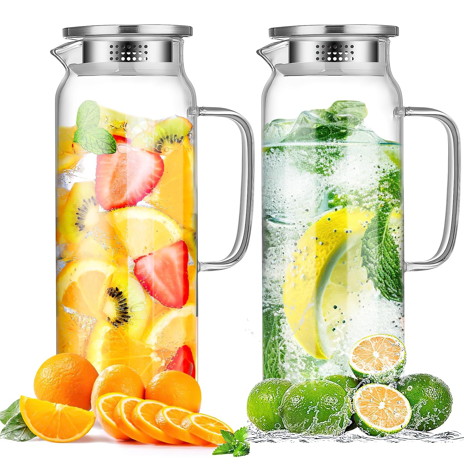 Lot de 2 Carafes en Verre Borosilicate 2 L avec Couvercles Inox